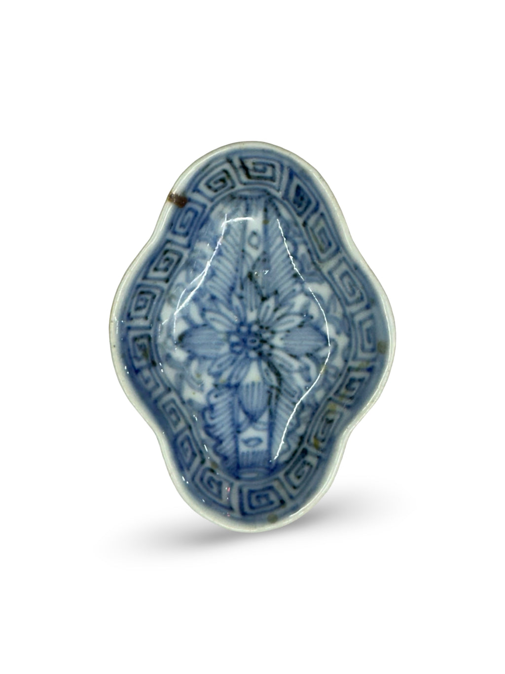 Antique Blue and White Porcelain Soy Sauce Plate - Floral & Geometric Pattern