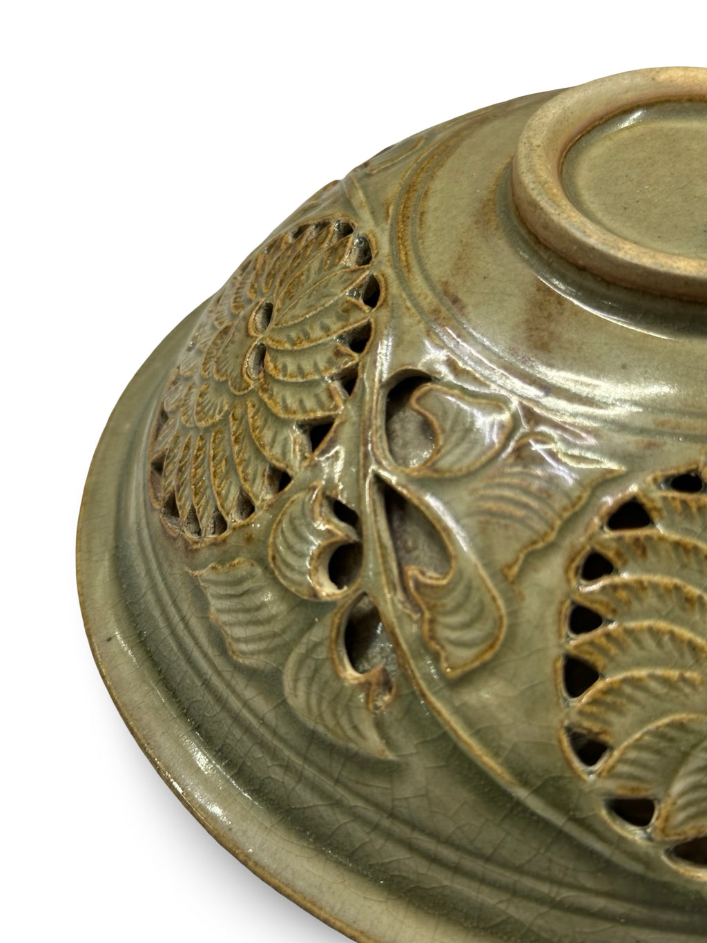 Antique Style Double-Walled Yaozhou Celadon Bowl - Hand-Carved Openwork Peony Design