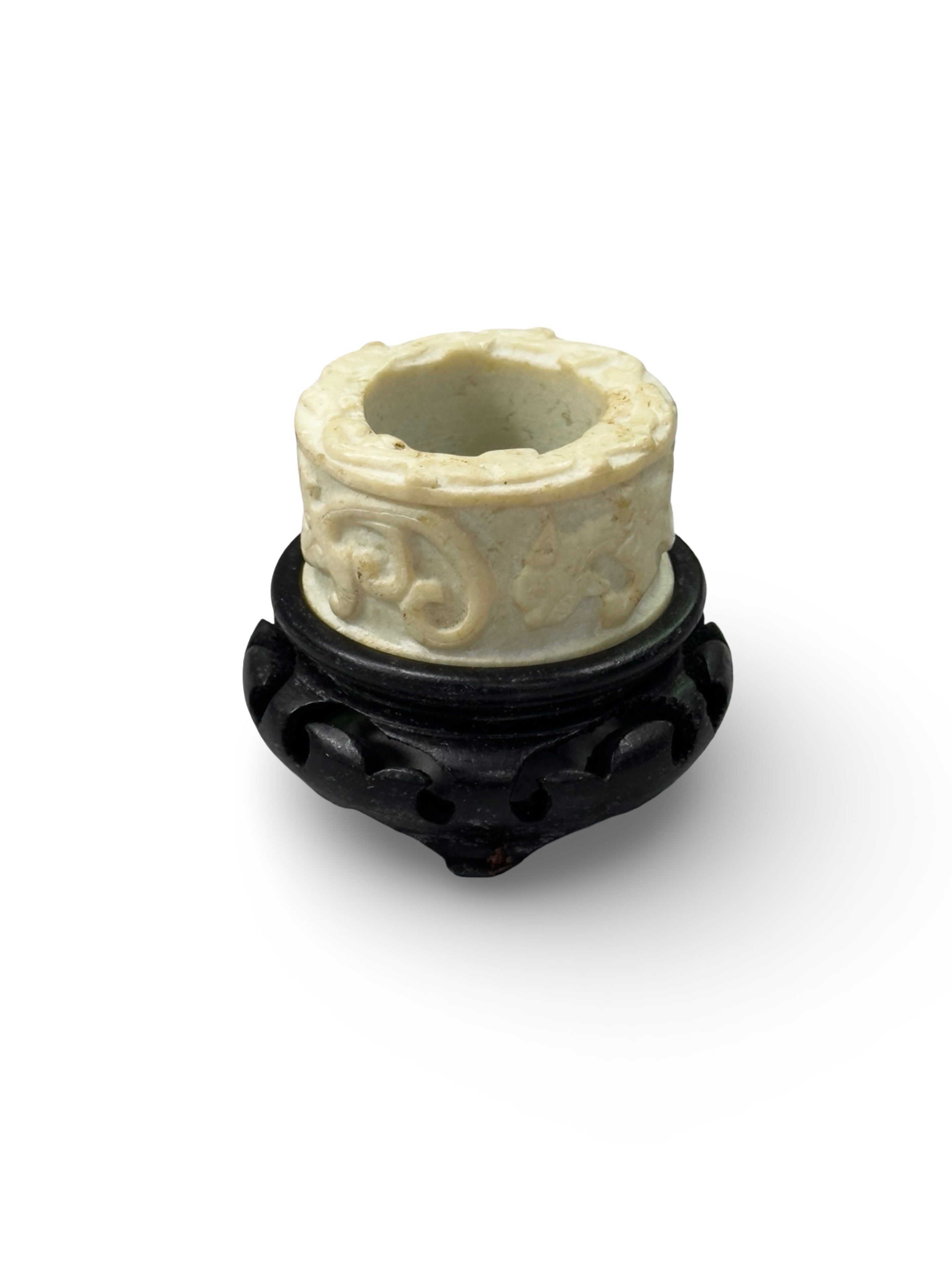 Archaistic Chinese Hand-Carved Stone Cylinder Ring - White Serpentine with Relief Carvings - Scholarly Gift