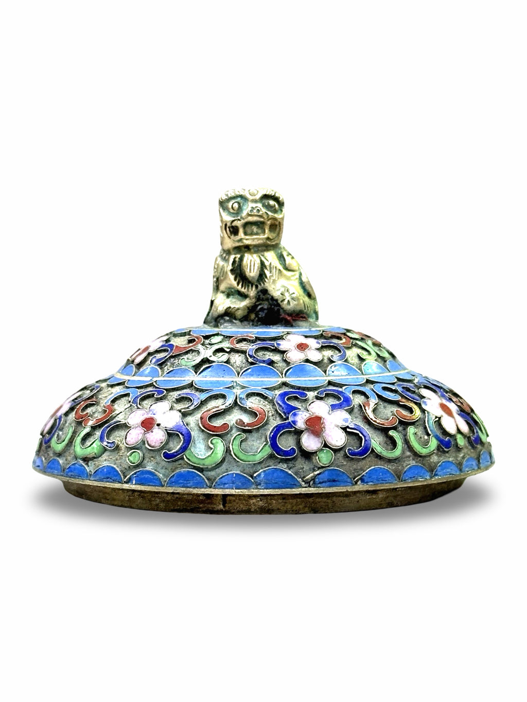 Title: Vintage Chinese Cloisonné Enamel Teapot – Lotus Blossom Design with Brass Handle & Foo Dog Finial (景泰蓝）