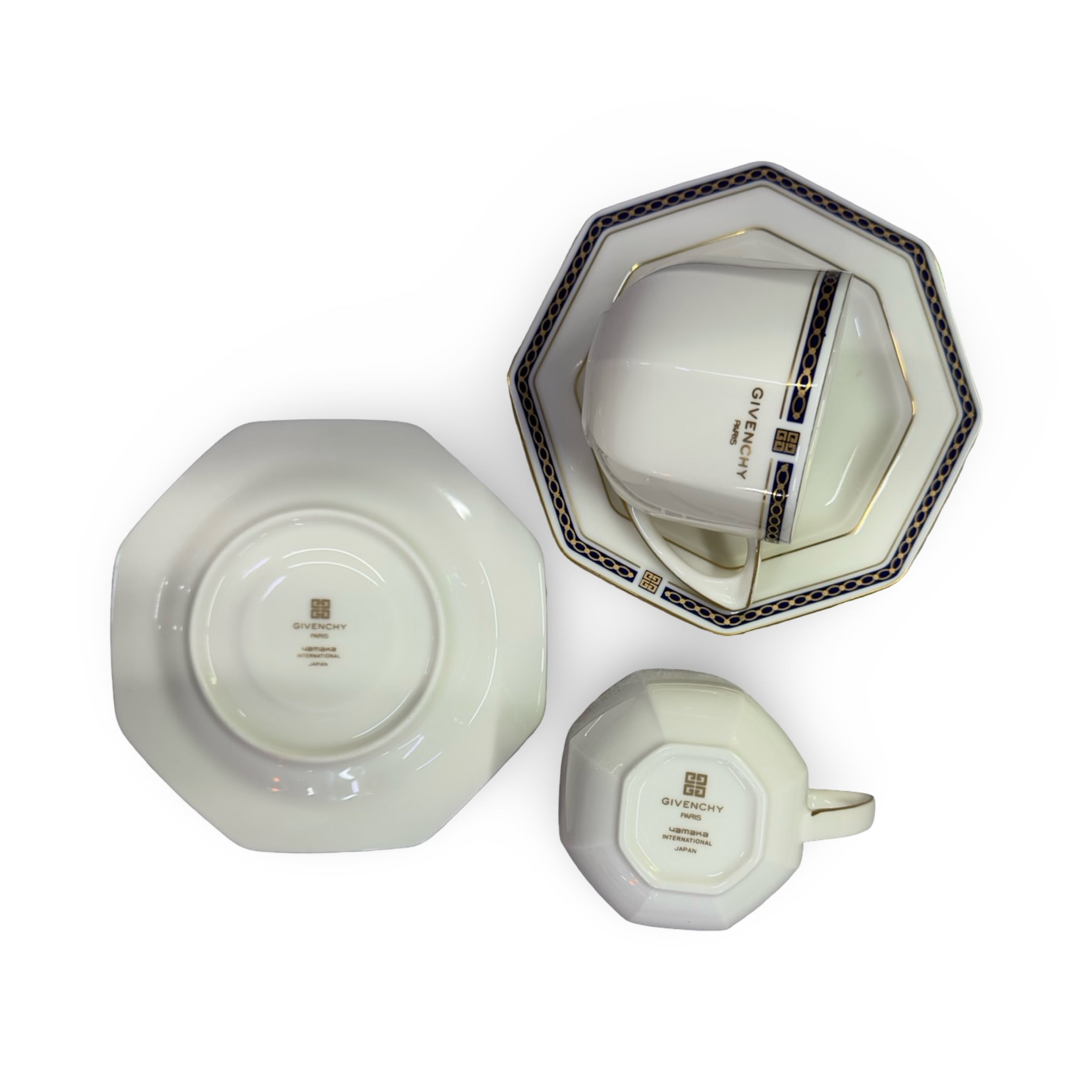 Vintage Givenchy Paris octagon  Geometric Border Demitasse Set - White & Gold