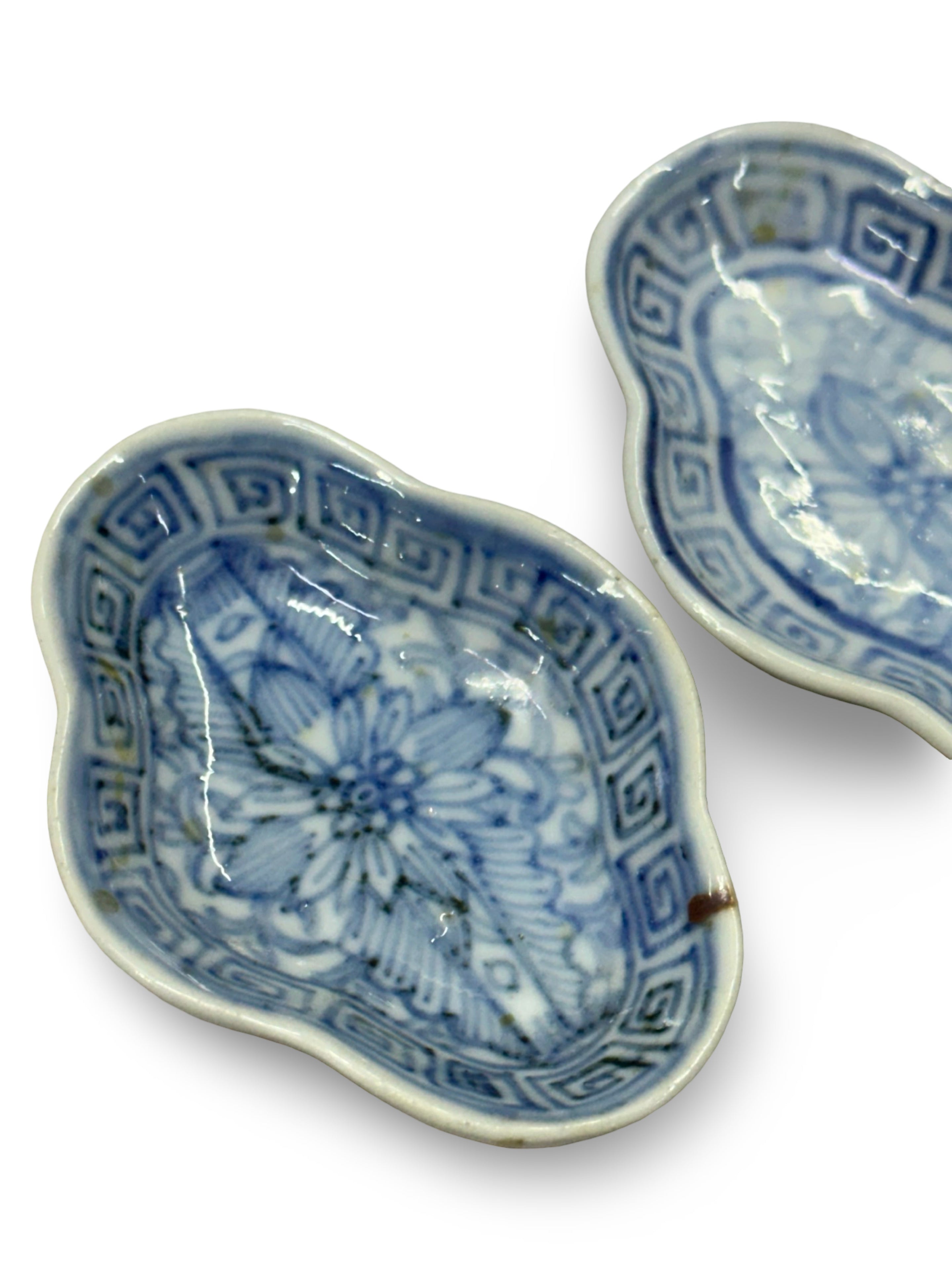 Antique Blue and White Porcelain Soy Sauce Plate - Floral & Geometric Pattern