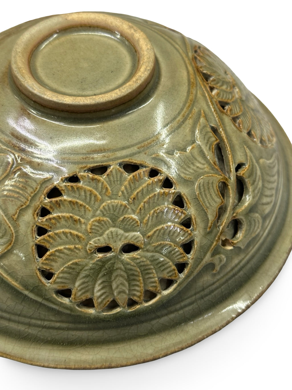 Antique Style Double-Walled Yaozhou Celadon Bowl - Hand-Carved Openwork Peony Design