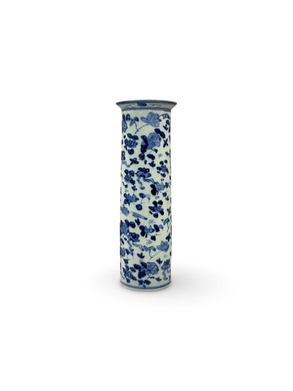 20th-Century Antique Chinese Blue & White Porcelain Cylindrical Hat Stand Vase - Floral Prunus Motif