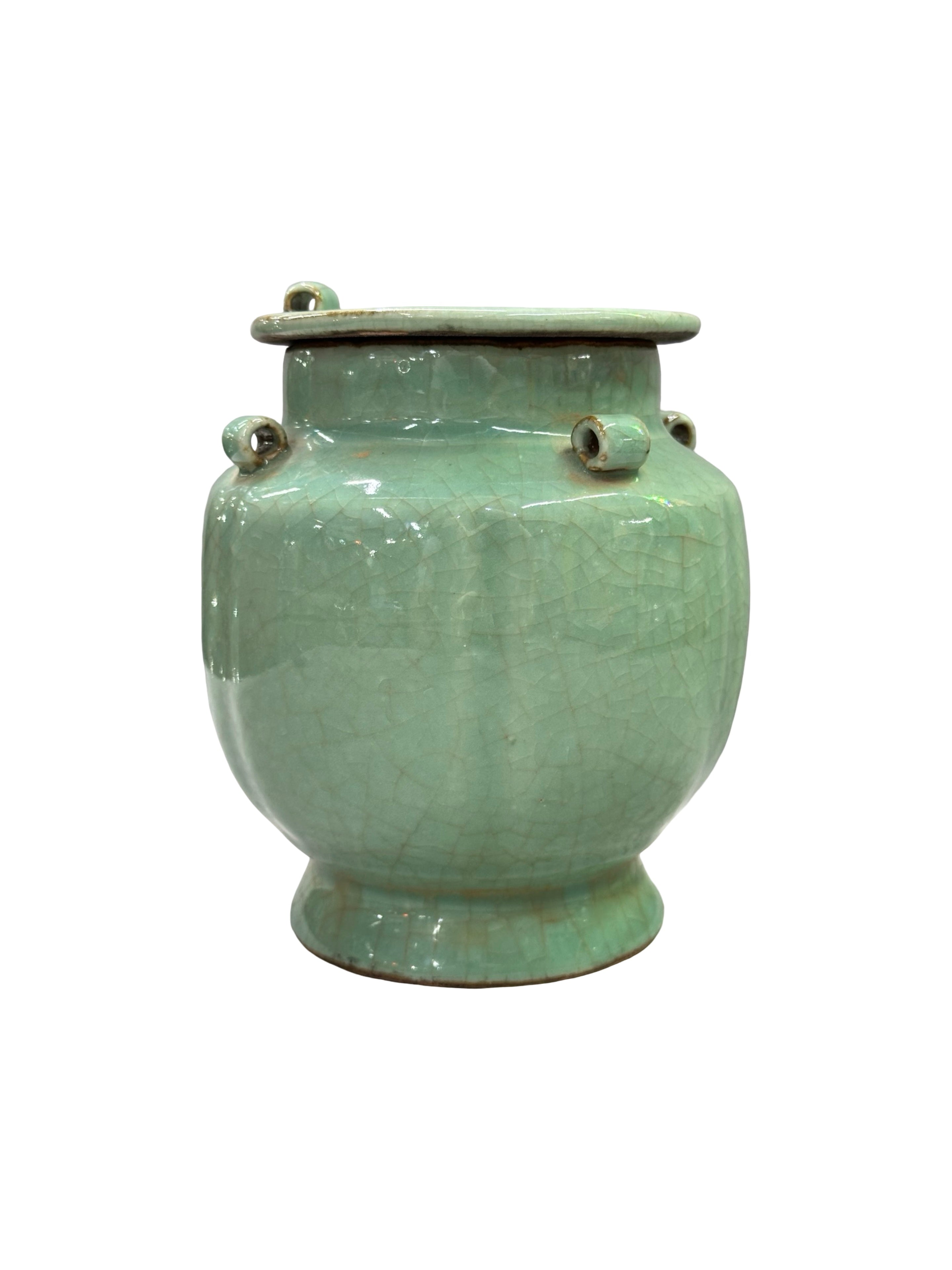 Vintage 20th Century Longquan-Style Celadon Jar with Lid – Lobed Crackle Glaze