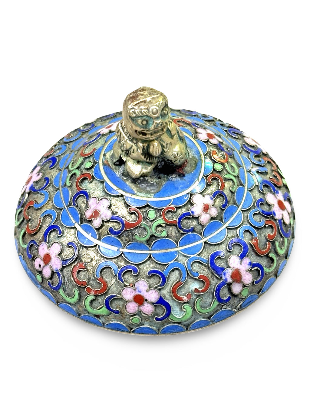 Title: Vintage Chinese Cloisonné Enamel Teapot – Lotus Blossom Design with Brass Handle & Foo Dog Finial (景泰蓝）