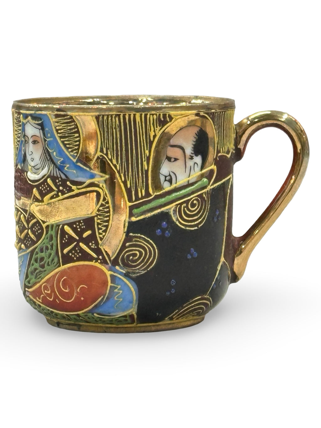Vintage Japanese Samurai China Tea Cup and Saucer - Moriage Immortals Pattern - Hand-Painted Satsuma Style