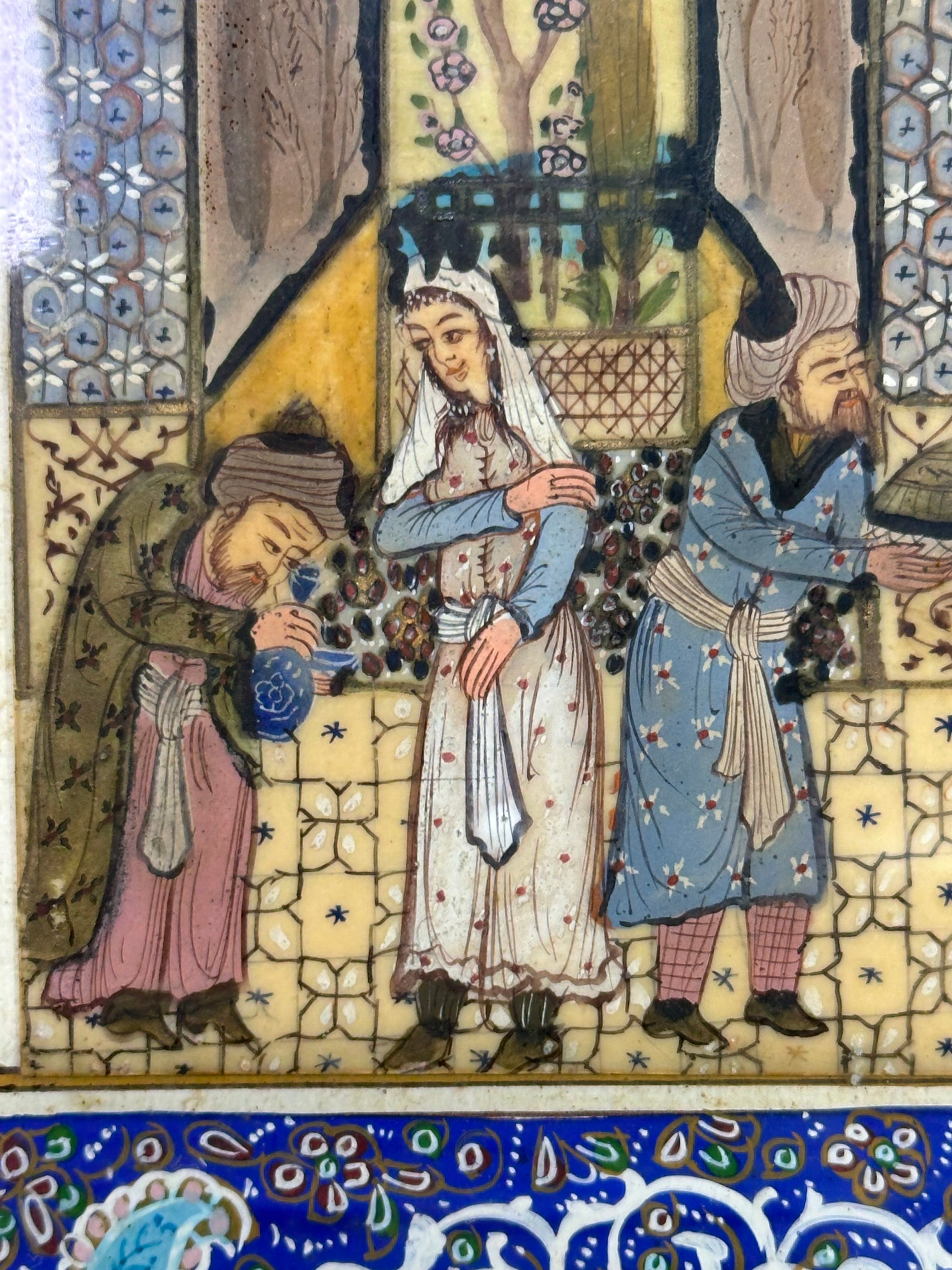 19th-century Persian miniature painting with khatamkari frame