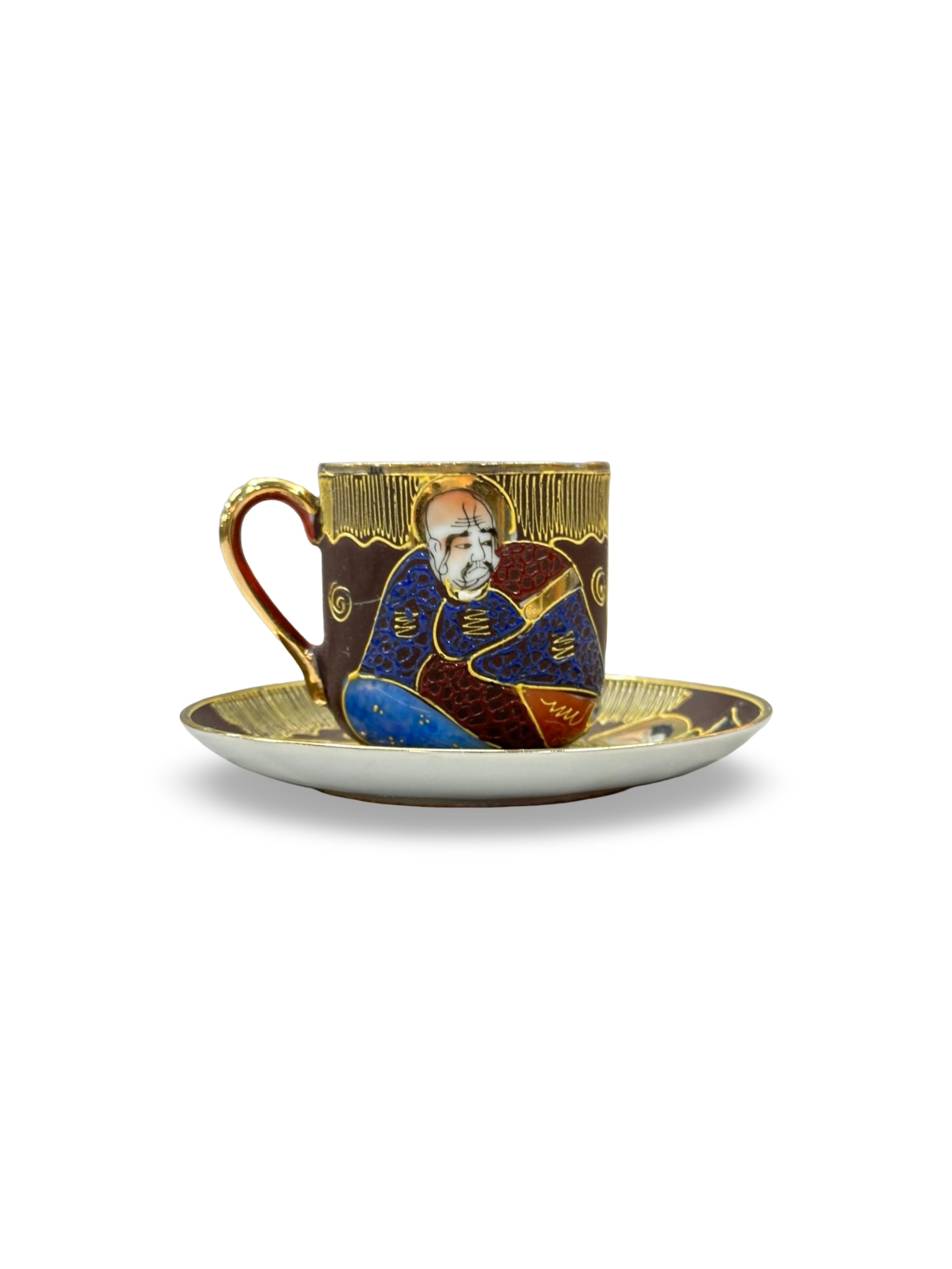 Vintage Japanese Samurai China Tea Cup and Saucer - Moriage Immortals Pattern - Hand-Painted Satsuma Style