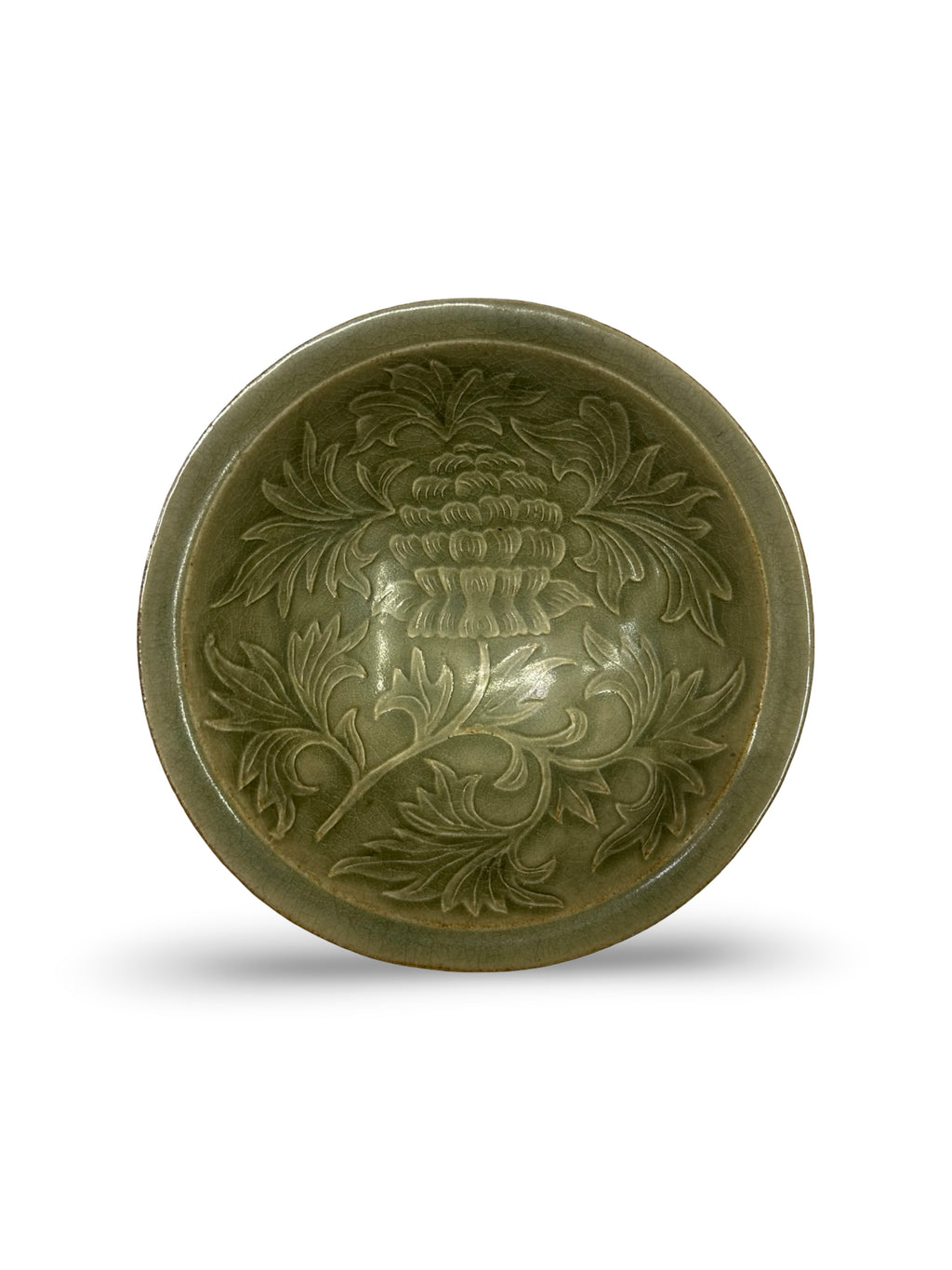 Antique Style Double-Walled Yaozhou Celadon Bowl - Hand-Carved Openwork Peony Design