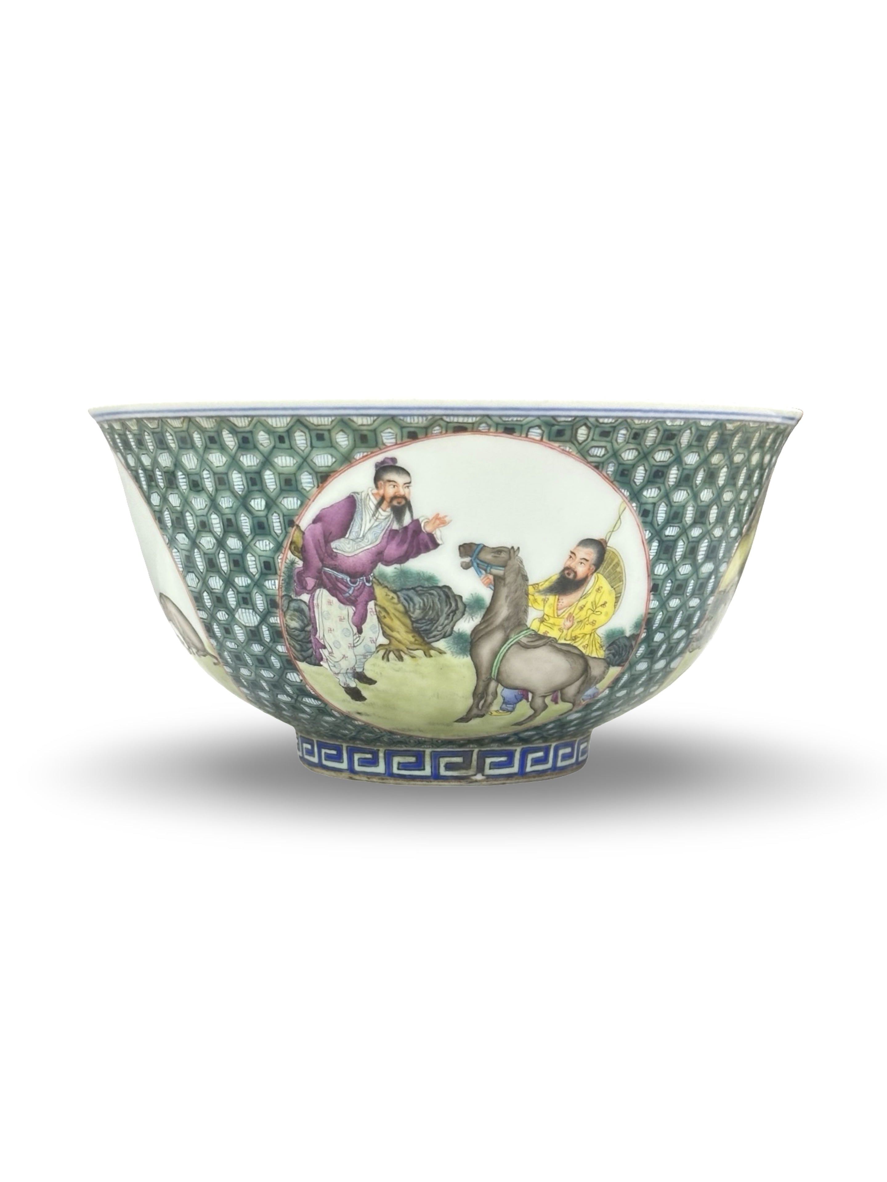 20th-Century Chinese Porcelain Figure & Zodiac Medallion Bowl – Green Honeycomb Enamel