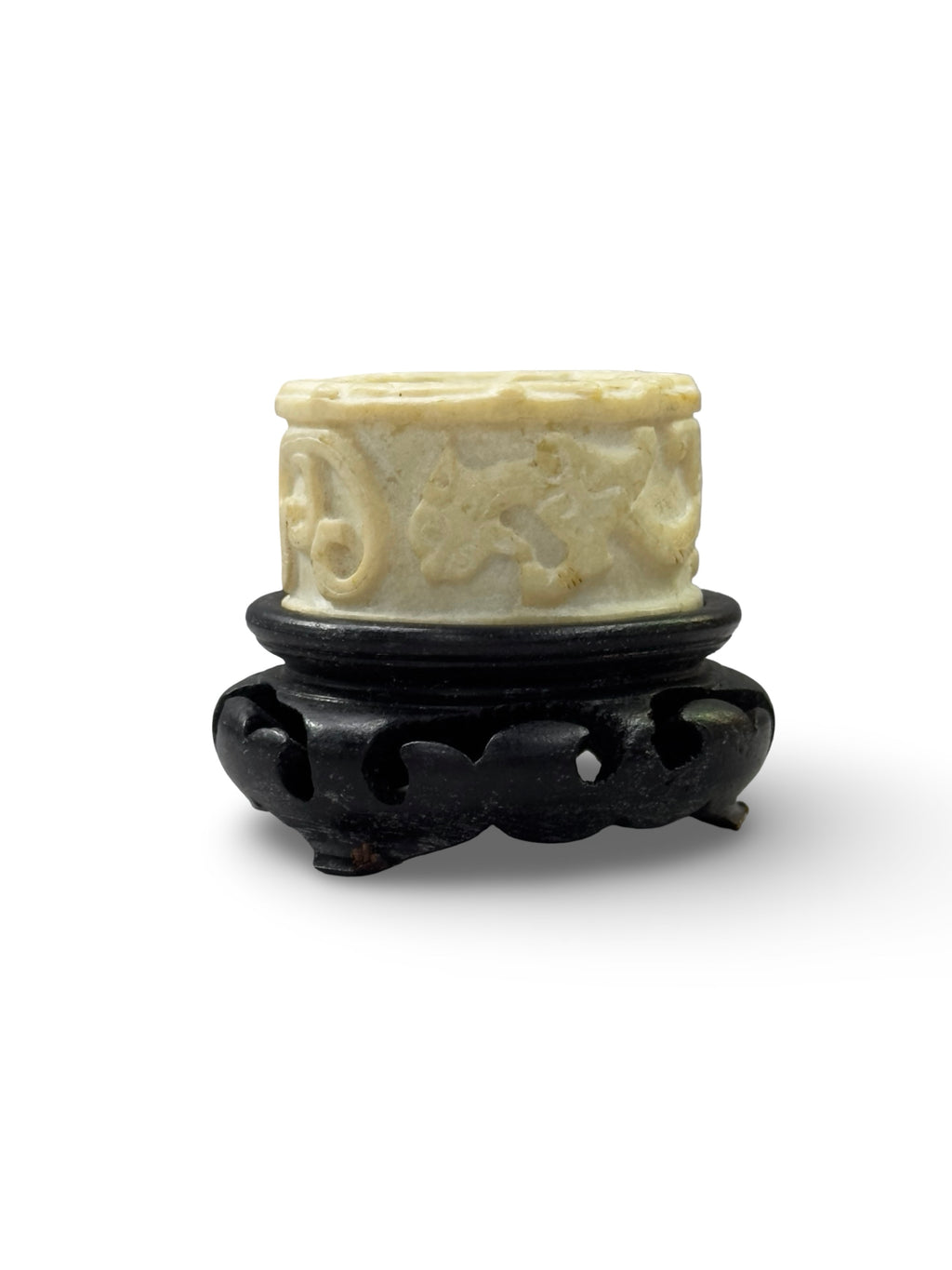 Archaistic Chinese Hand-Carved Stone Cylinder Ring - White Serpentine with Relief Carvings - Scholarly Gift