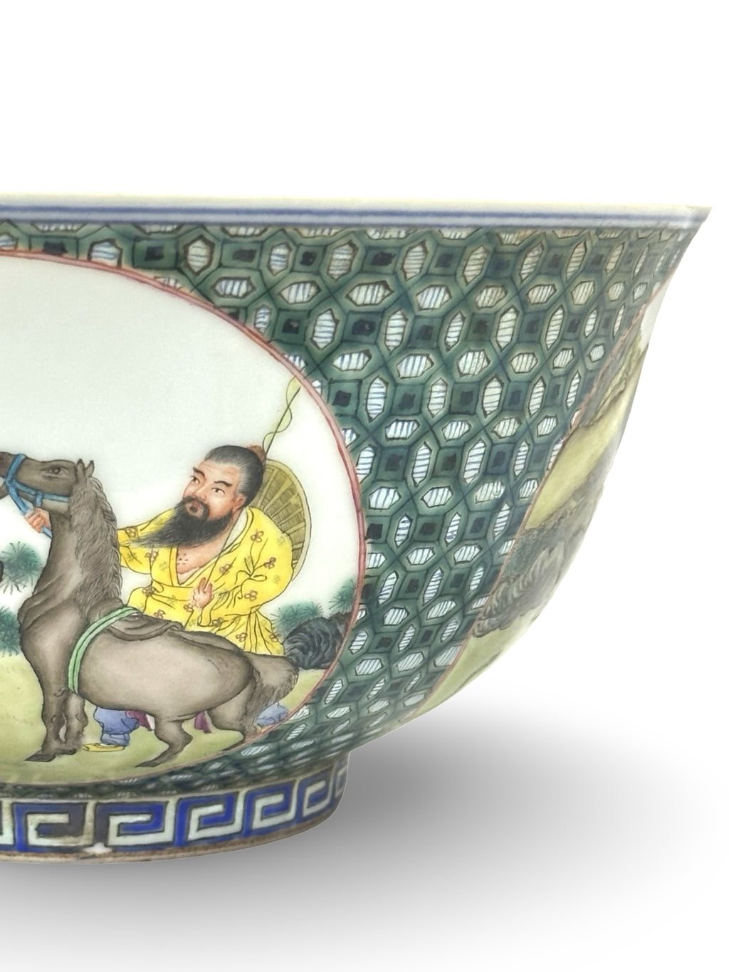 20th-Century Chinese Porcelain Figure & Zodiac Medallion Bowl – Green Honeycomb Enamel