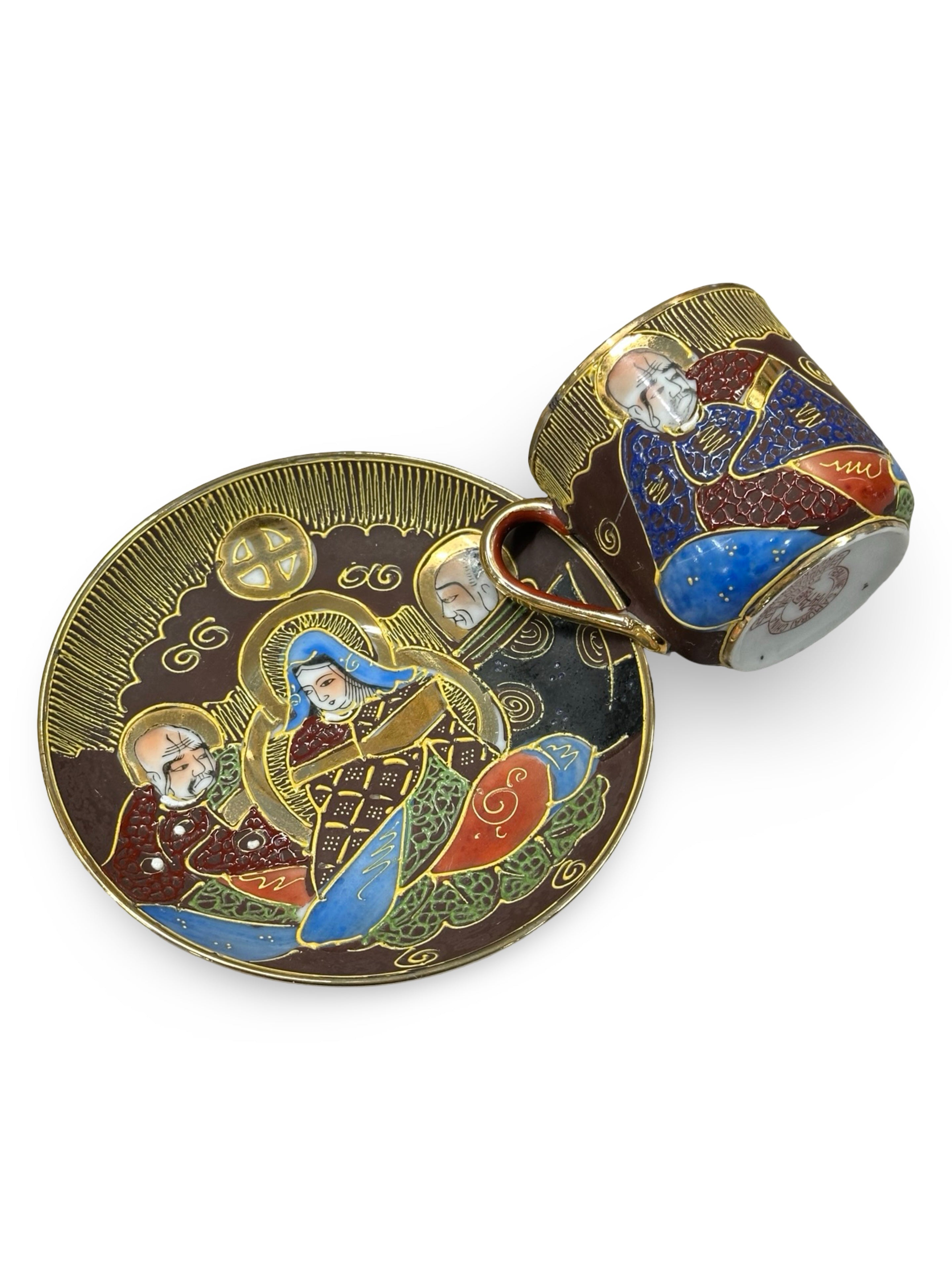 Vintage Japanese Samurai China Tea Cup and Saucer - Moriage Immortals Pattern - Hand-Painted Satsuma Style