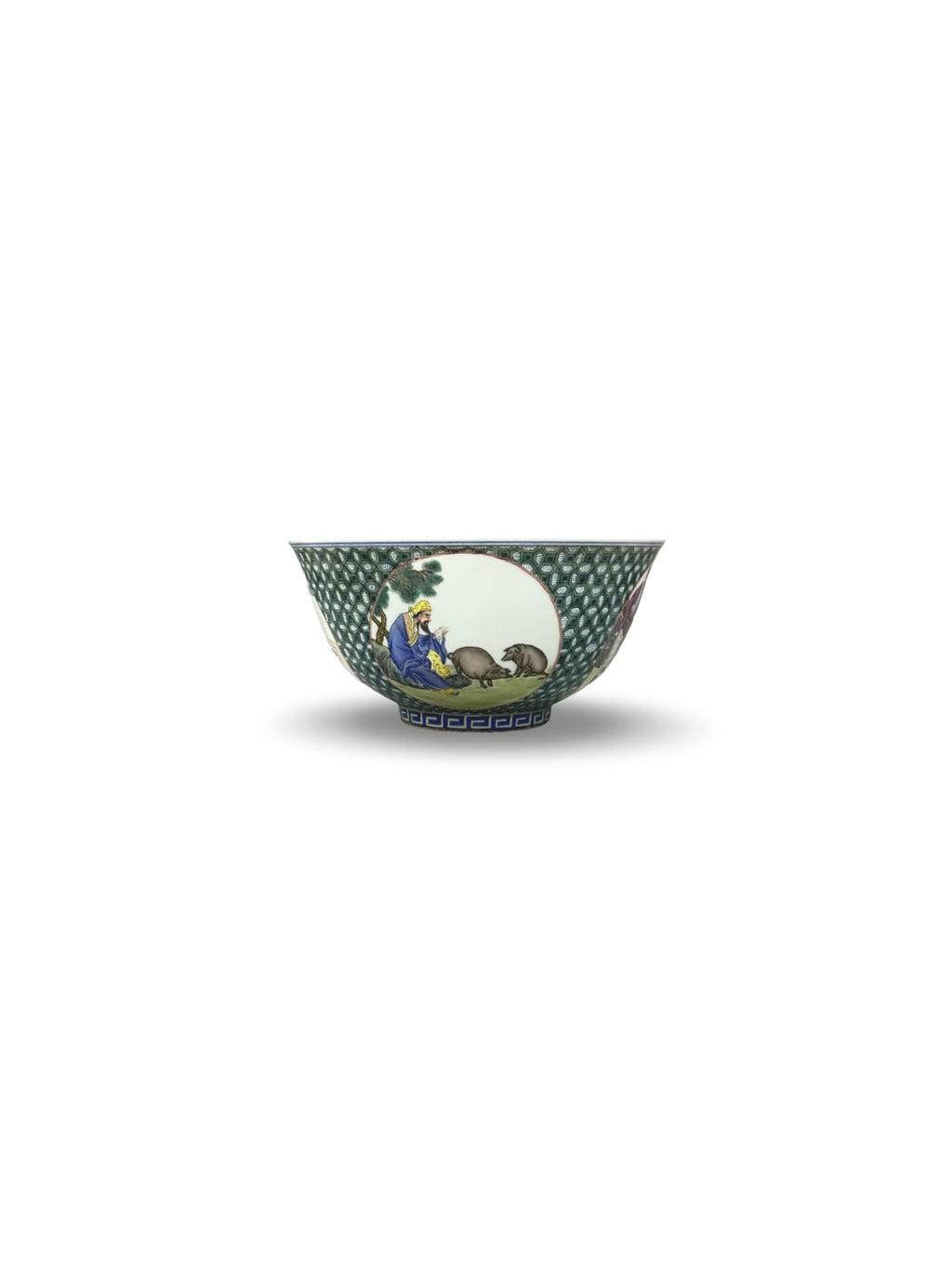 20th-Century Chinese Porcelain Figure & Zodiac Medallion Bowl – Green Honeycomb Enamel