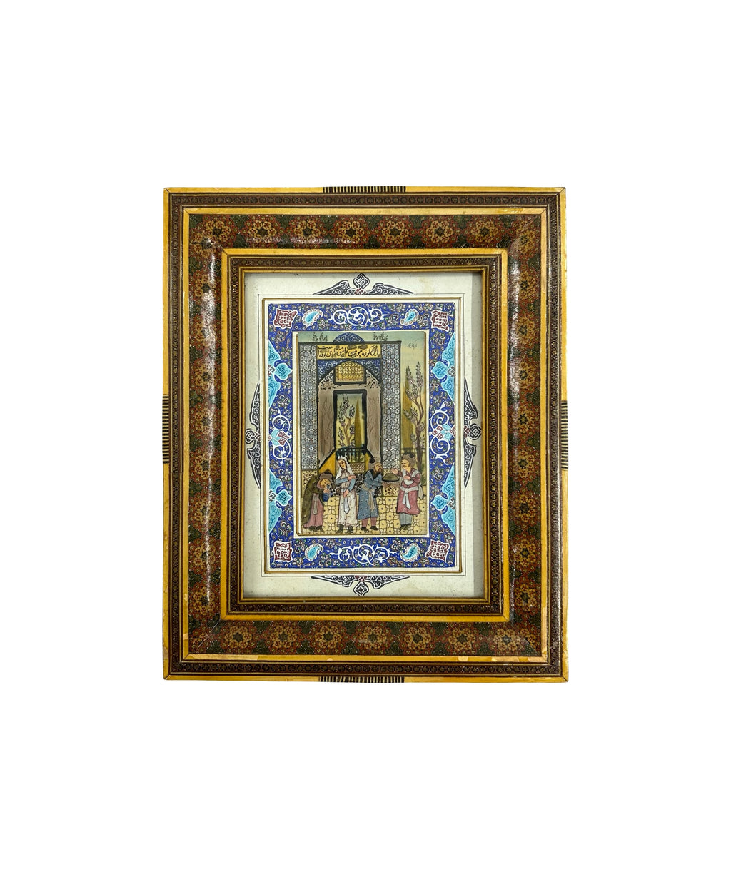 19th-century Persian miniature painting with khatamkari frame