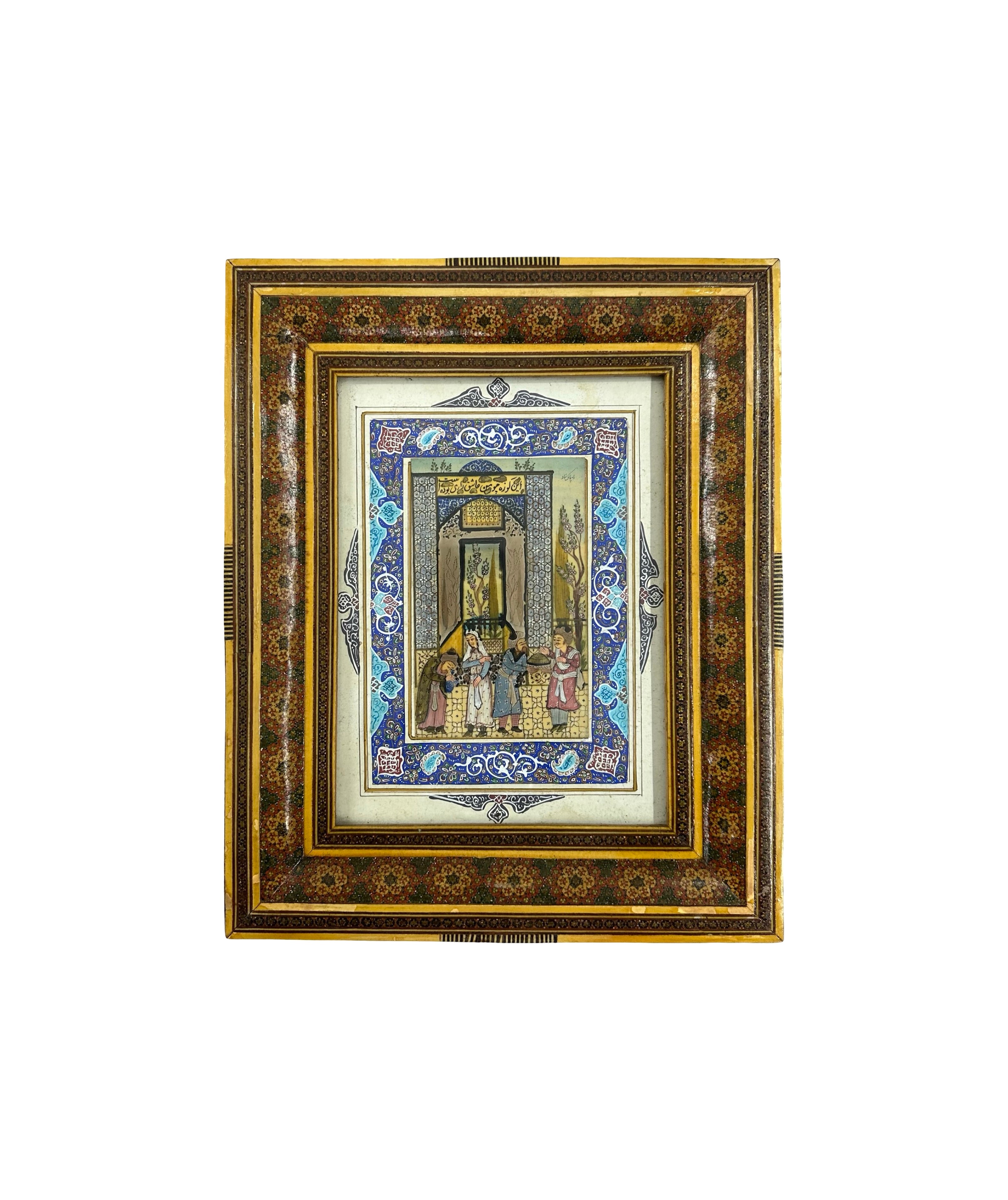 19th-century Persian miniature painting with khatamkari frame