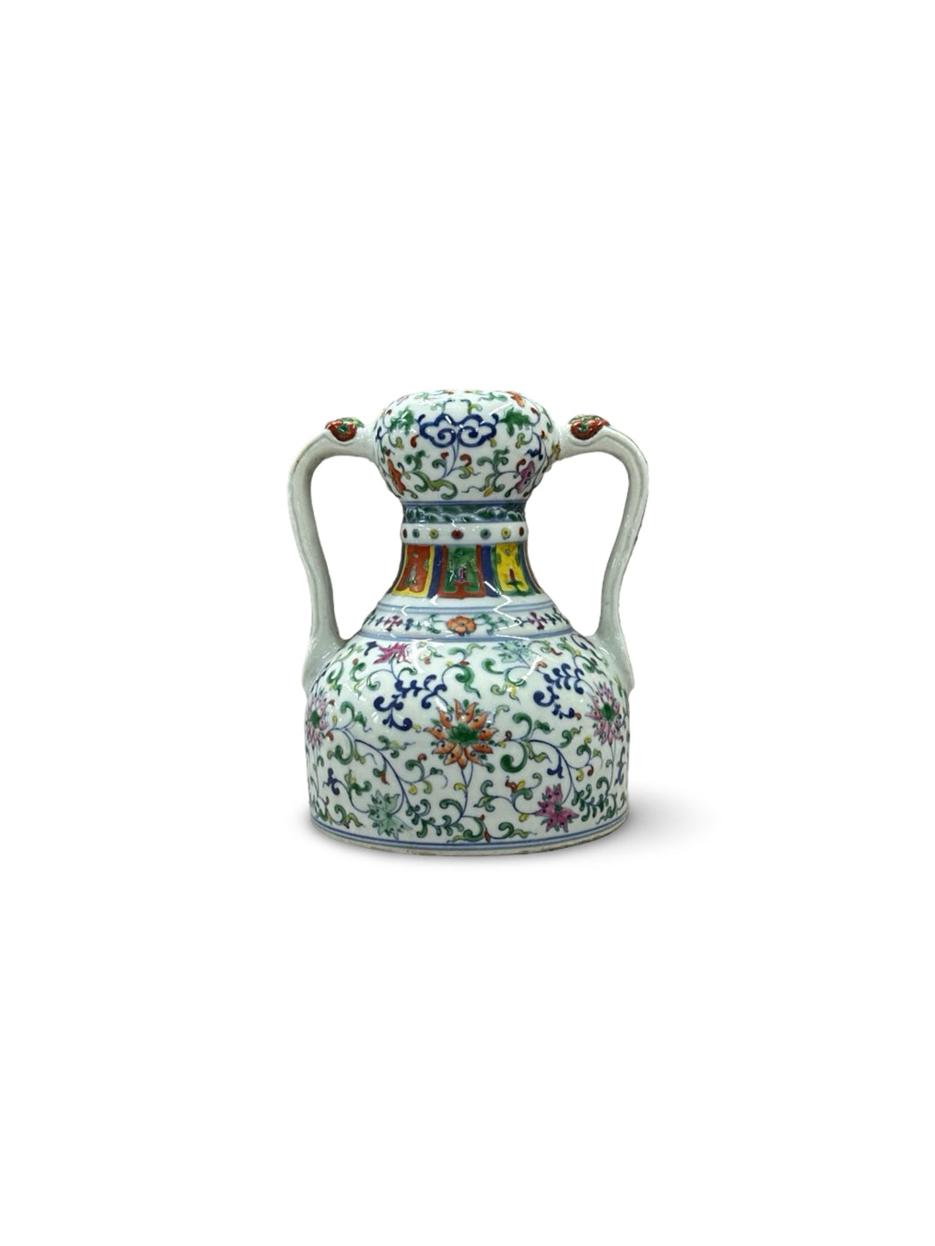 20th-Century Antique Style Chinese Doucai Porcelain Twin-Handled Vase - Floral Scroll & Lotus Motif