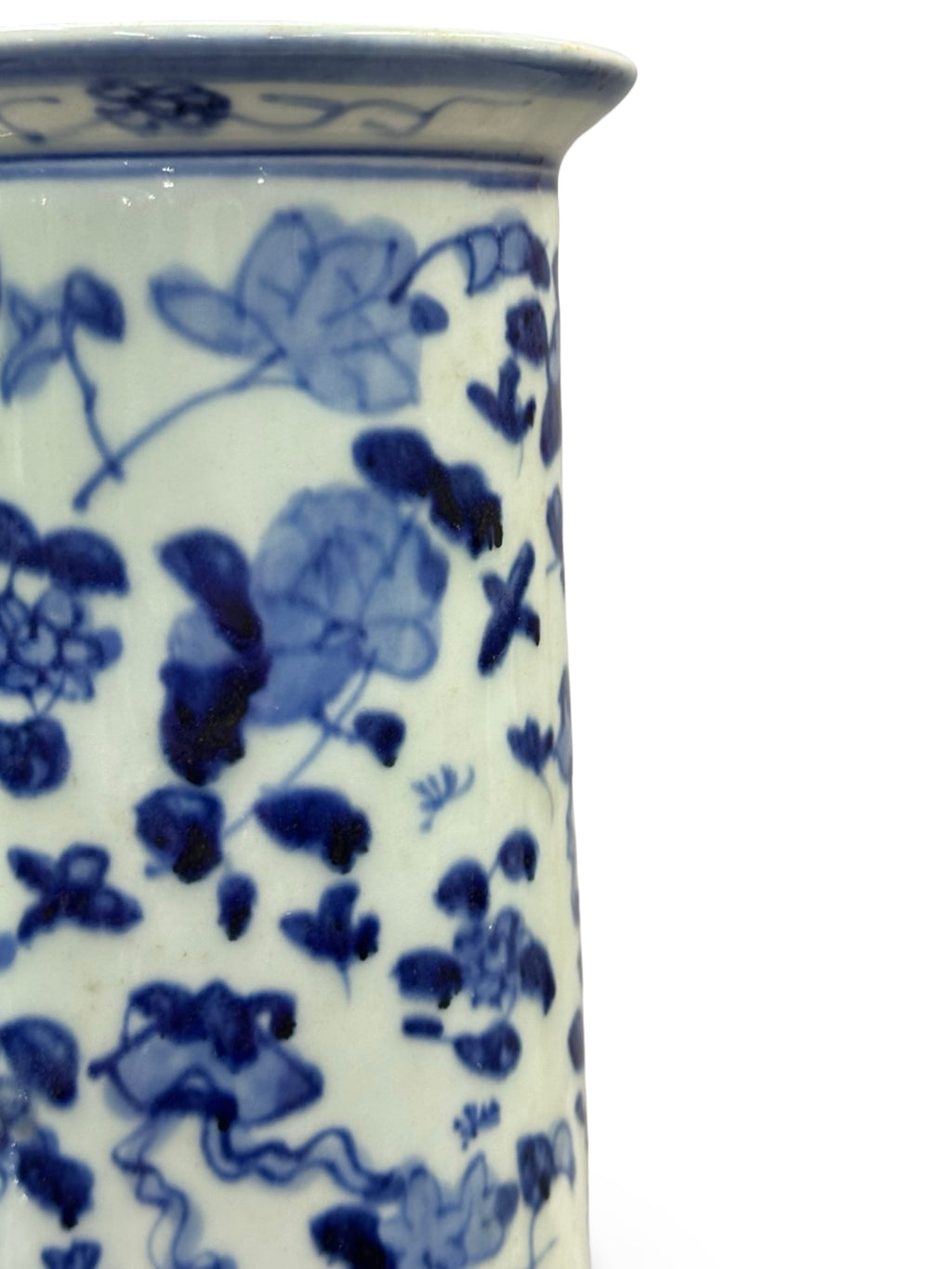 20th-Century Antique Chinese Blue & White Porcelain Cylindrical Hat Stand Vase - Floral Prunus Motif