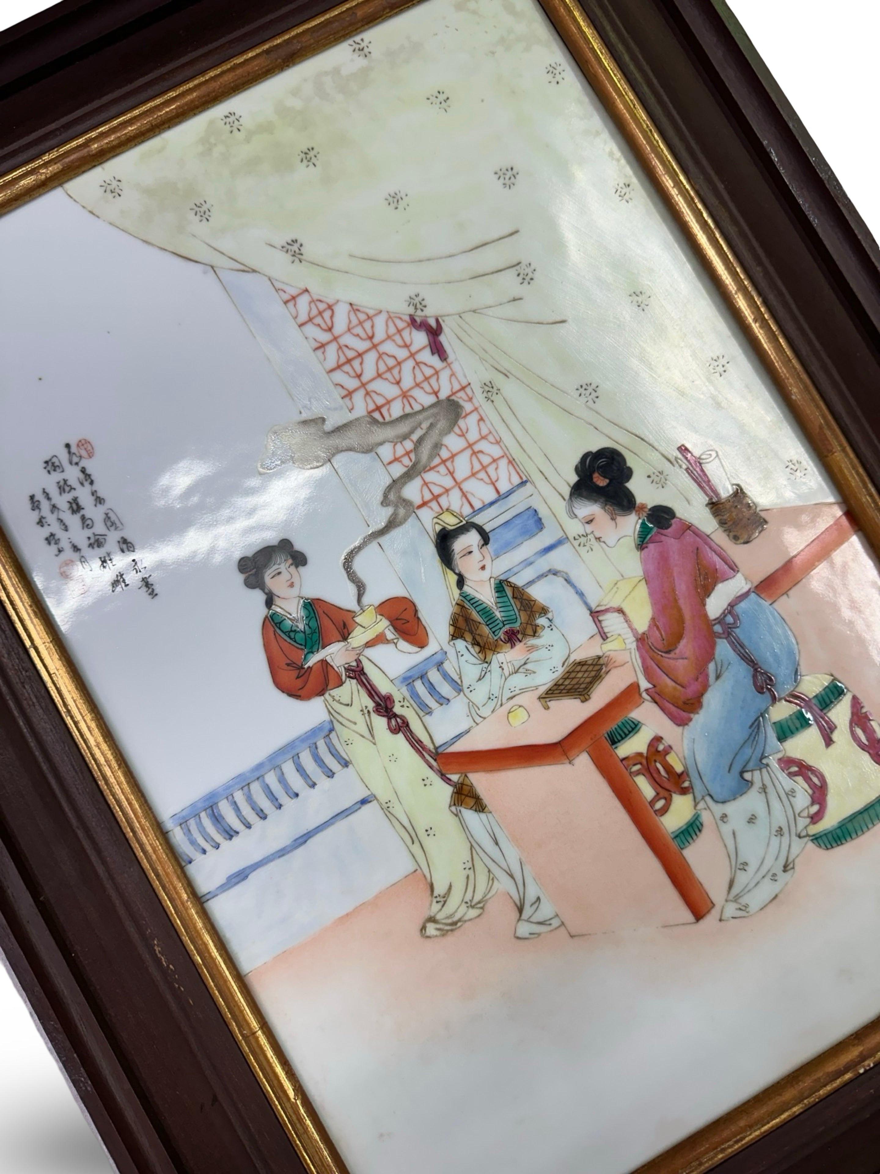 Vintage Chinese Famille Rose Porcelain Plaque - Ladies Playing Go & Tea Scene