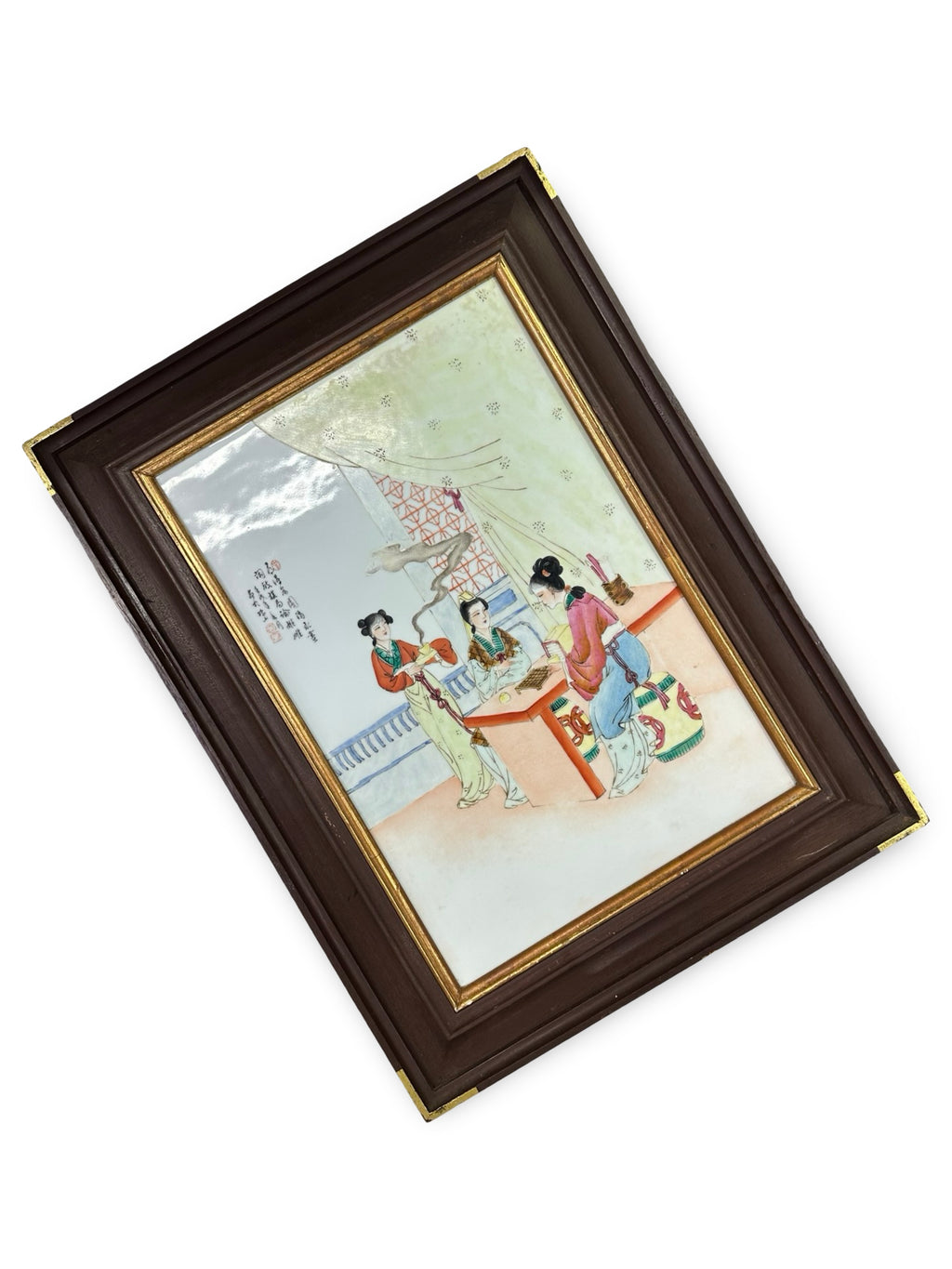Vintage Chinese Famille Rose Porcelain Plaque - Ladies Playing Go & Tea Scene