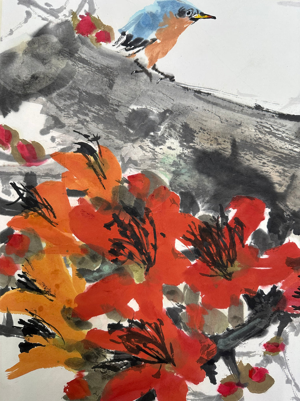 劉春草 Liu Chuncao: "Spring Bird and Silk Cotton Blossoms" – Original Lingnan School Ink & Wash Painting