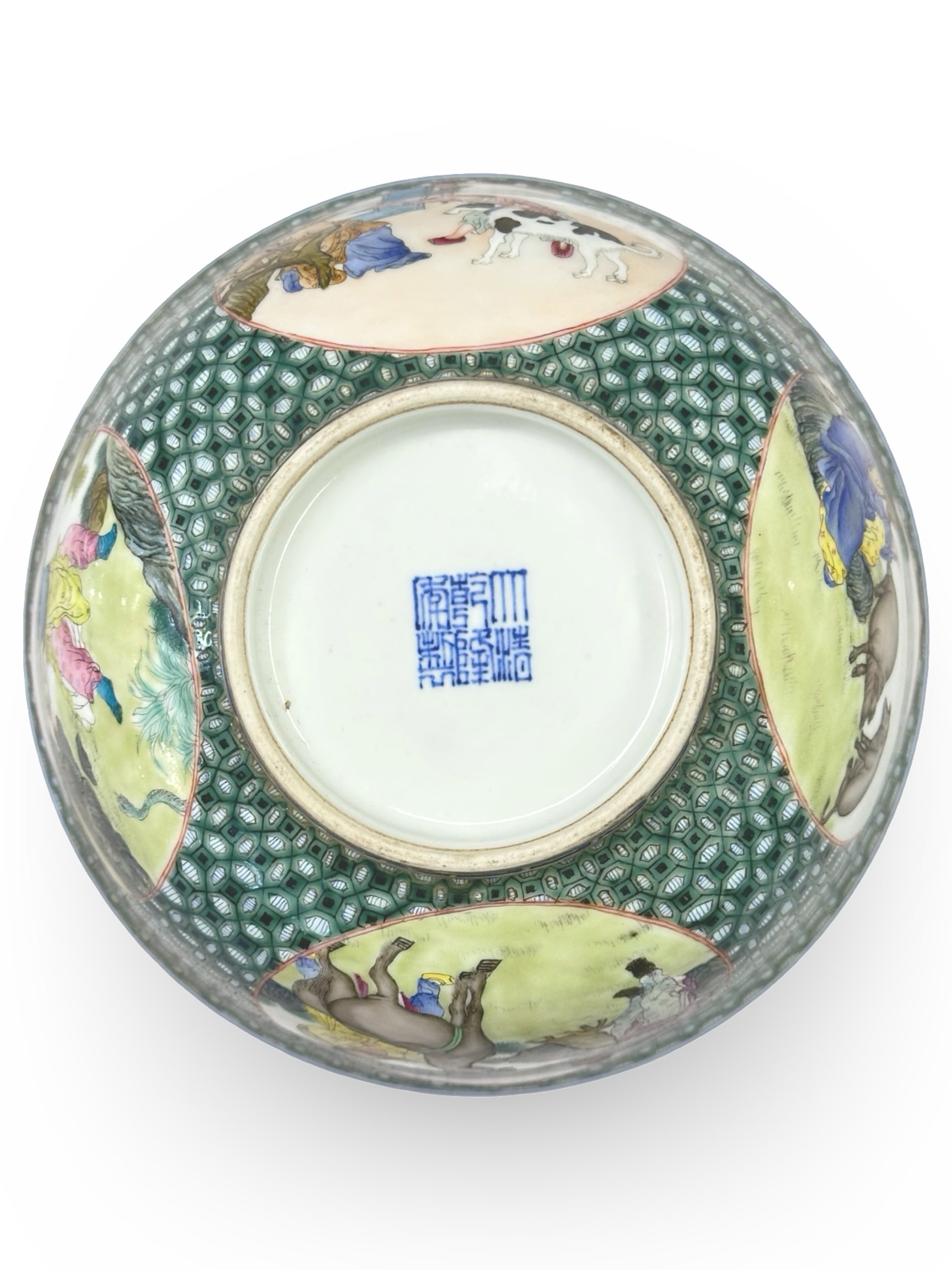 20th-Century Chinese Porcelain Figure & Zodiac Medallion Bowl – Green Honeycomb Enamel
