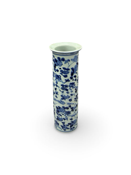 20th-Century Antique Chinese Blue & White Porcelain Cylindrical Hat Stand Vase - Floral Prunus Motif