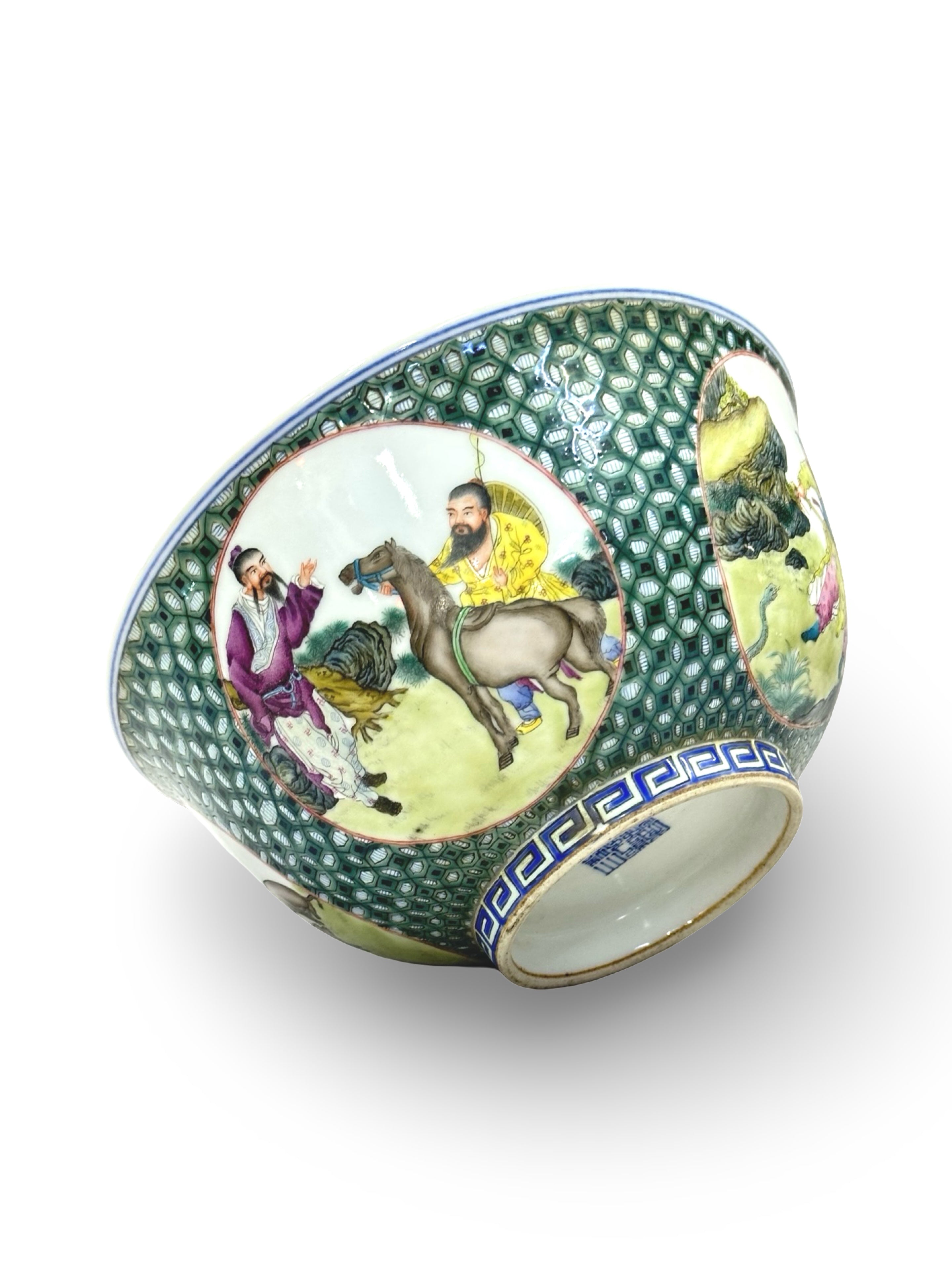 20th-Century Chinese Porcelain Figure & Zodiac Medallion Bowl – Green Honeycomb Enamel