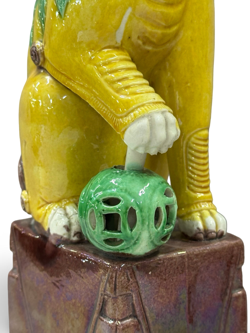 20th century Chinese Foo Dog Statues - Yellow & Green Sancai Glaze - Pair