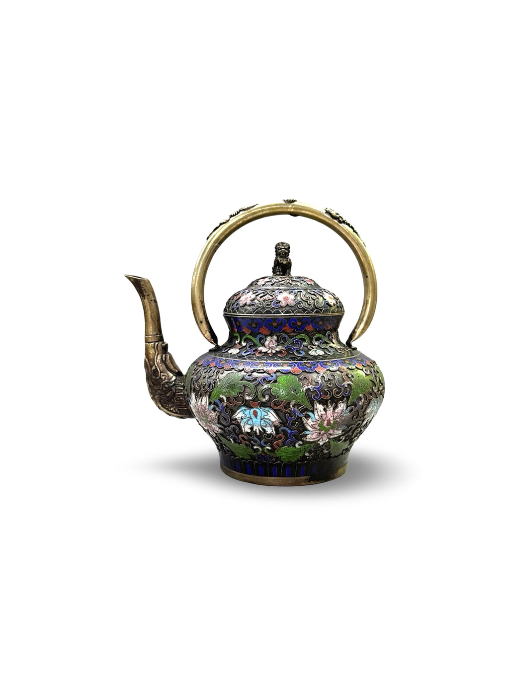 Title: Vintage Chinese Cloisonné Enamel Teapot – Lotus Blossom Design with Brass Handle & Foo Dog Finial (景泰蓝）