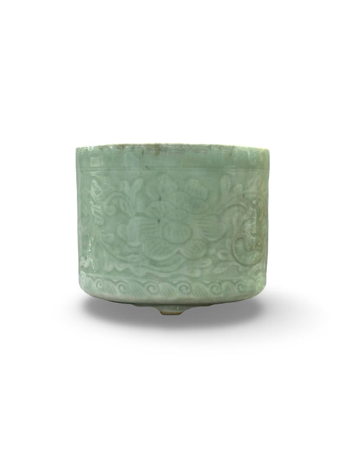 19th-Century Chinese Celadon Porcelain Incense burner- Green Glaze Incised Floral Vessel