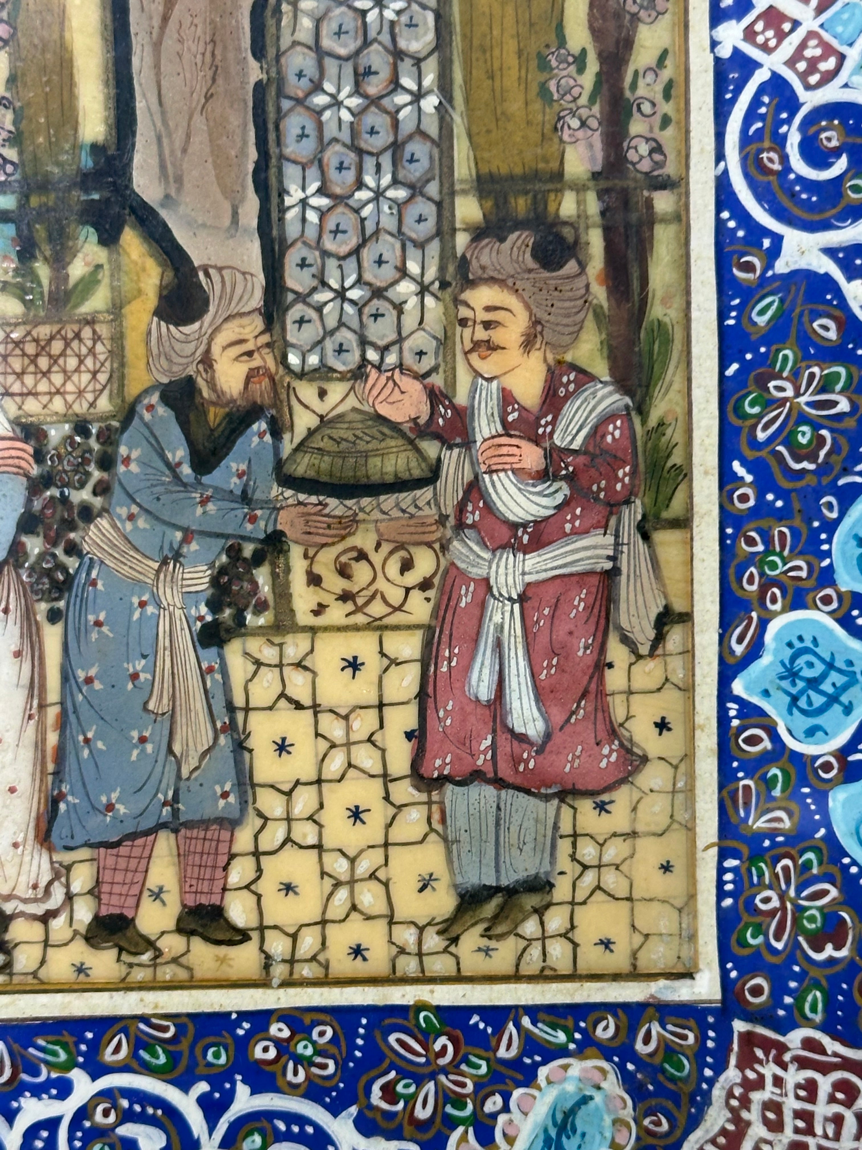 19th-century Persian miniature painting with khatamkari frame