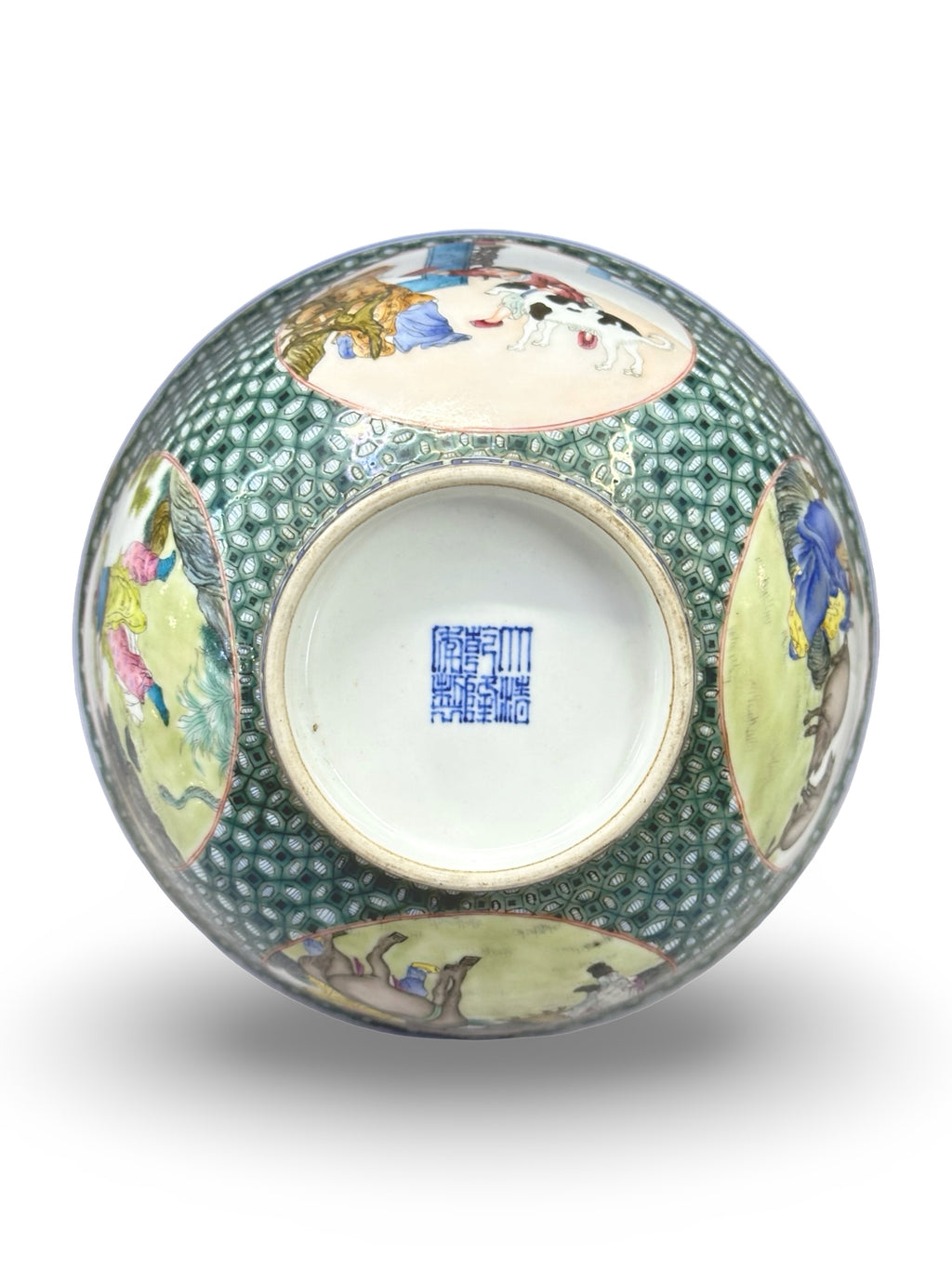 20th-Century Chinese Porcelain Figure & Zodiac Medallion Bowl – Green Honeycomb Enamel
