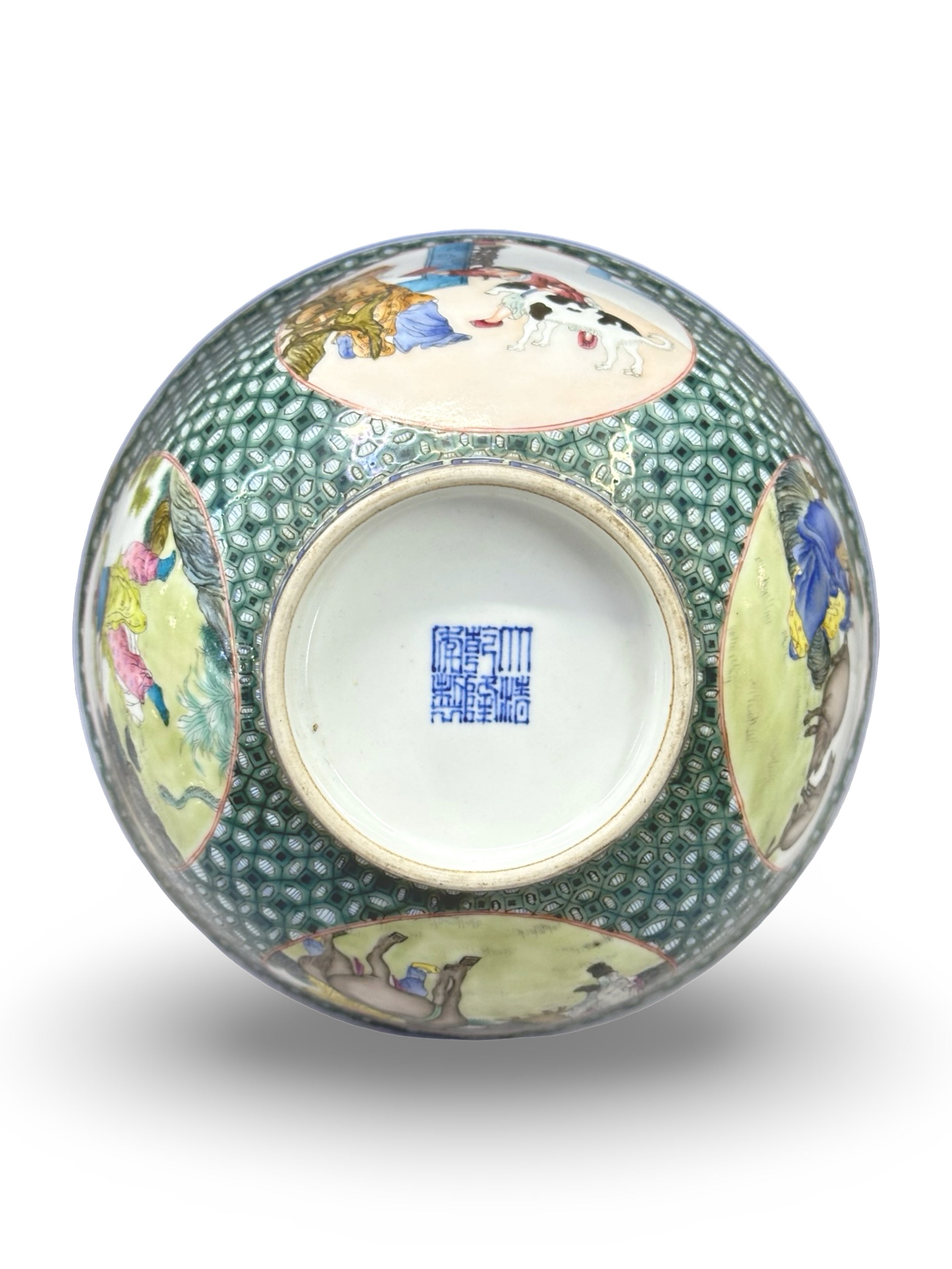 20th-Century Chinese Porcelain Figure & Zodiac Medallion Bowl – Green Honeycomb Enamel