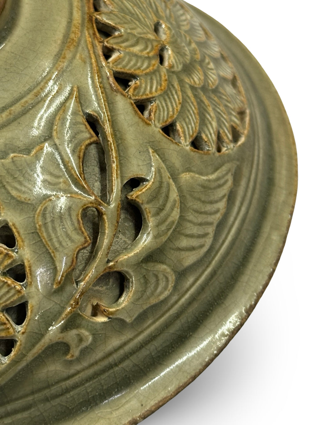 Antique Style Double-Walled Yaozhou Celadon Bowl - Hand-Carved Openwork Peony Design