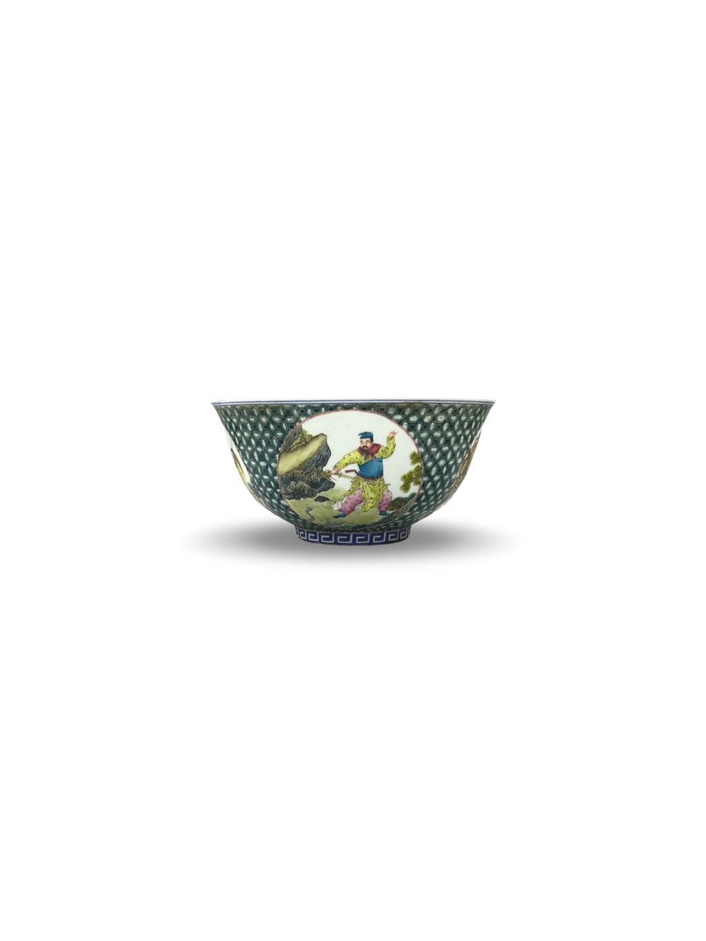 20th-Century Chinese Porcelain Figure & Zodiac Medallion Bowl – Green Honeycomb Enamel