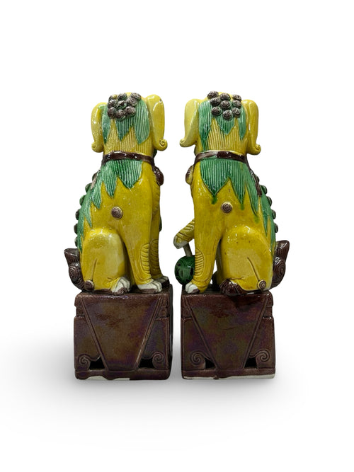 20th century Chinese Foo Dog Statues - Yellow & Green Sancai Glaze - Pair