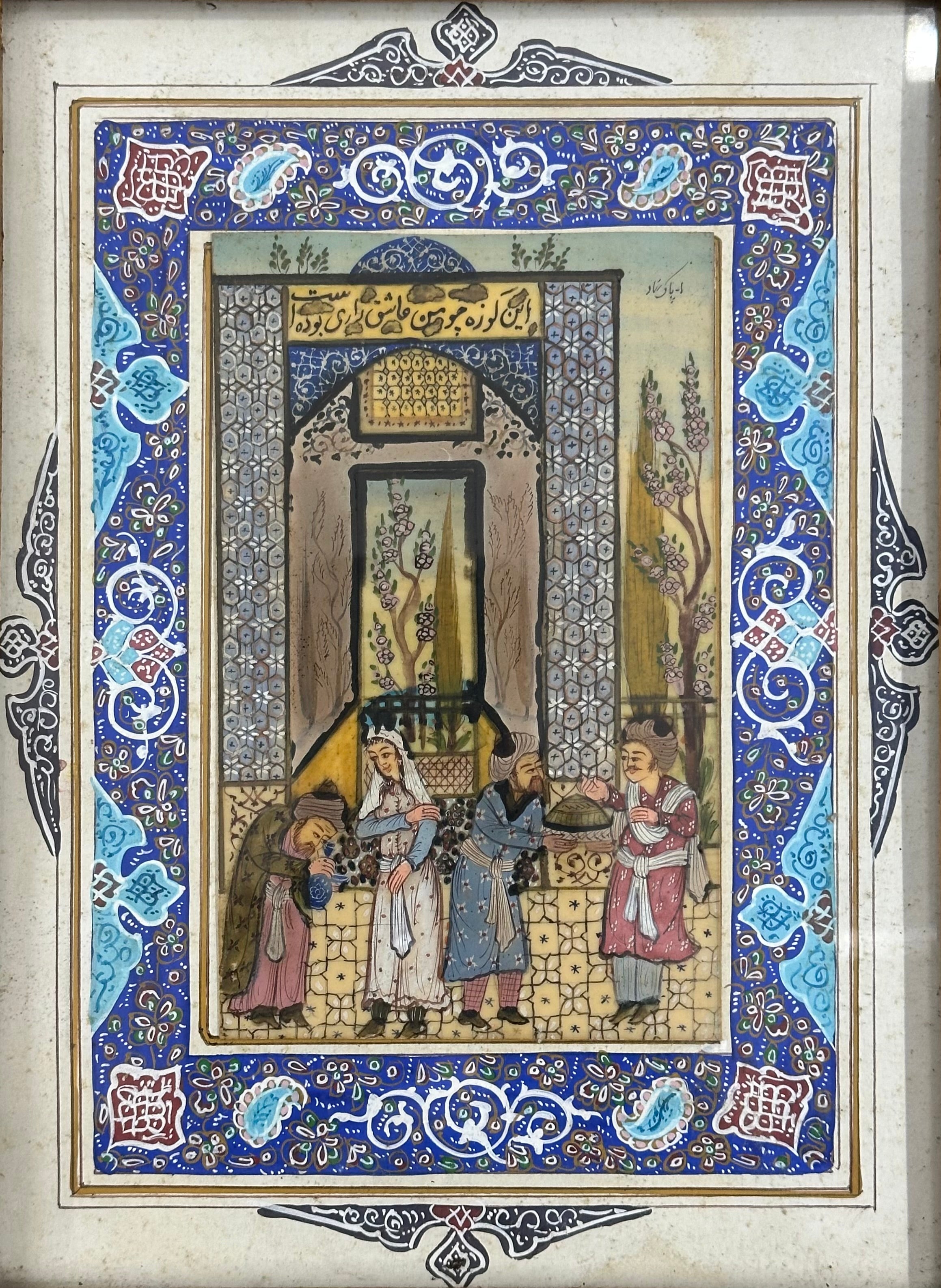 19th-century Persian miniature painting with khatamkari frame