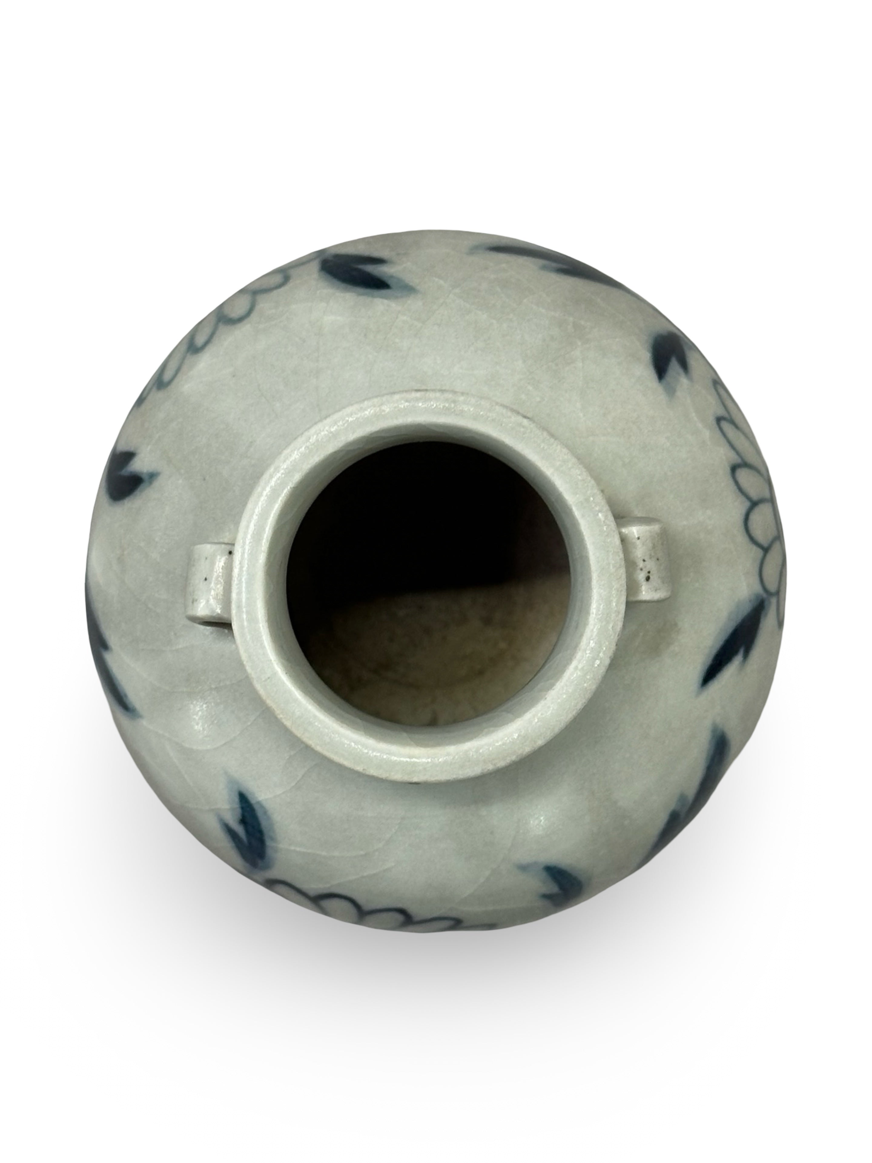 Vintage Blue and White Floral Porcelain Mini Jar with Lug Handles