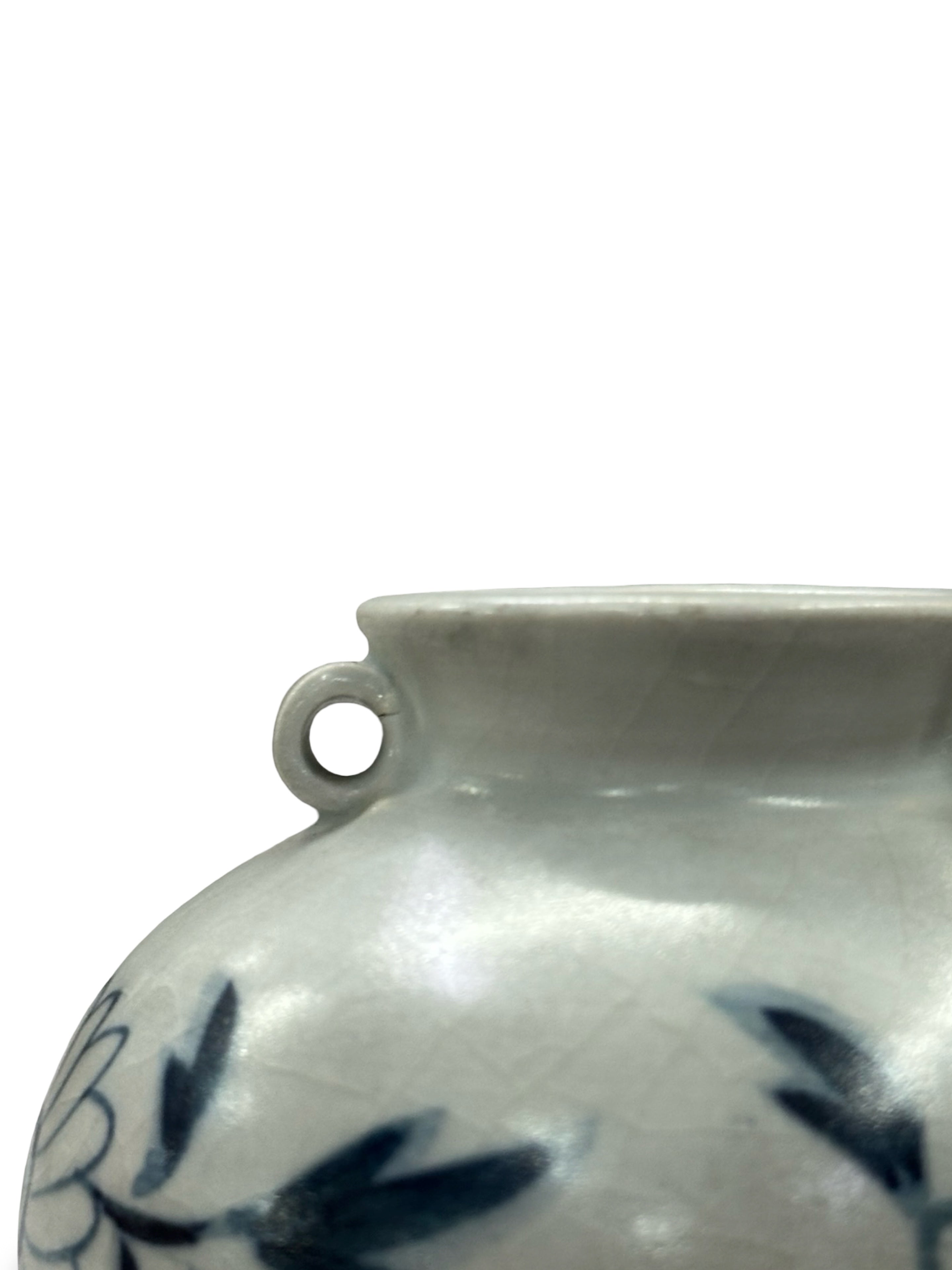 Vintage Blue and White Floral Porcelain Mini Jar with Lug Handles