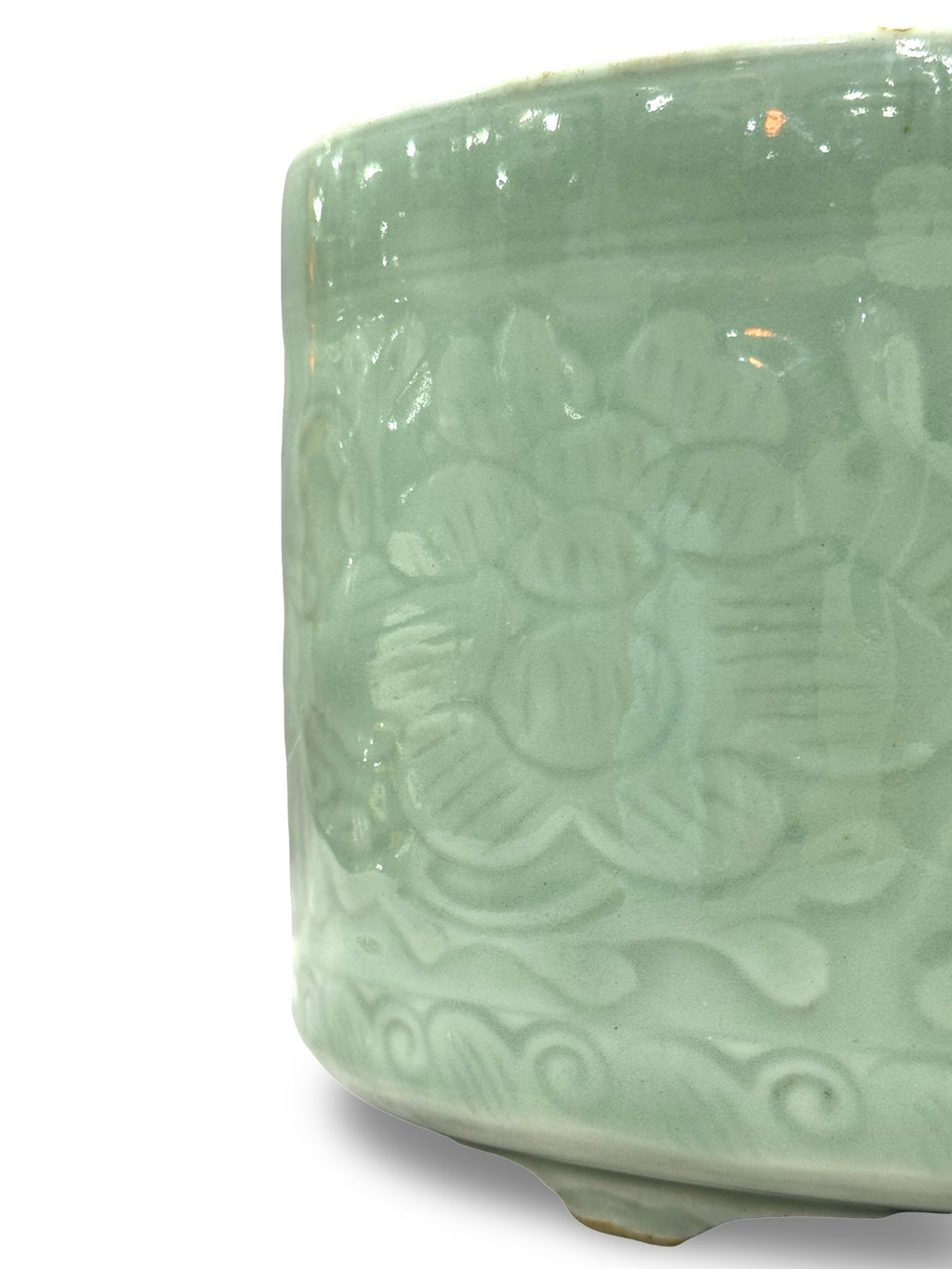 19th-Century Chinese Celadon Porcelain Incense burner- Green Glaze Incised Floral Vessel