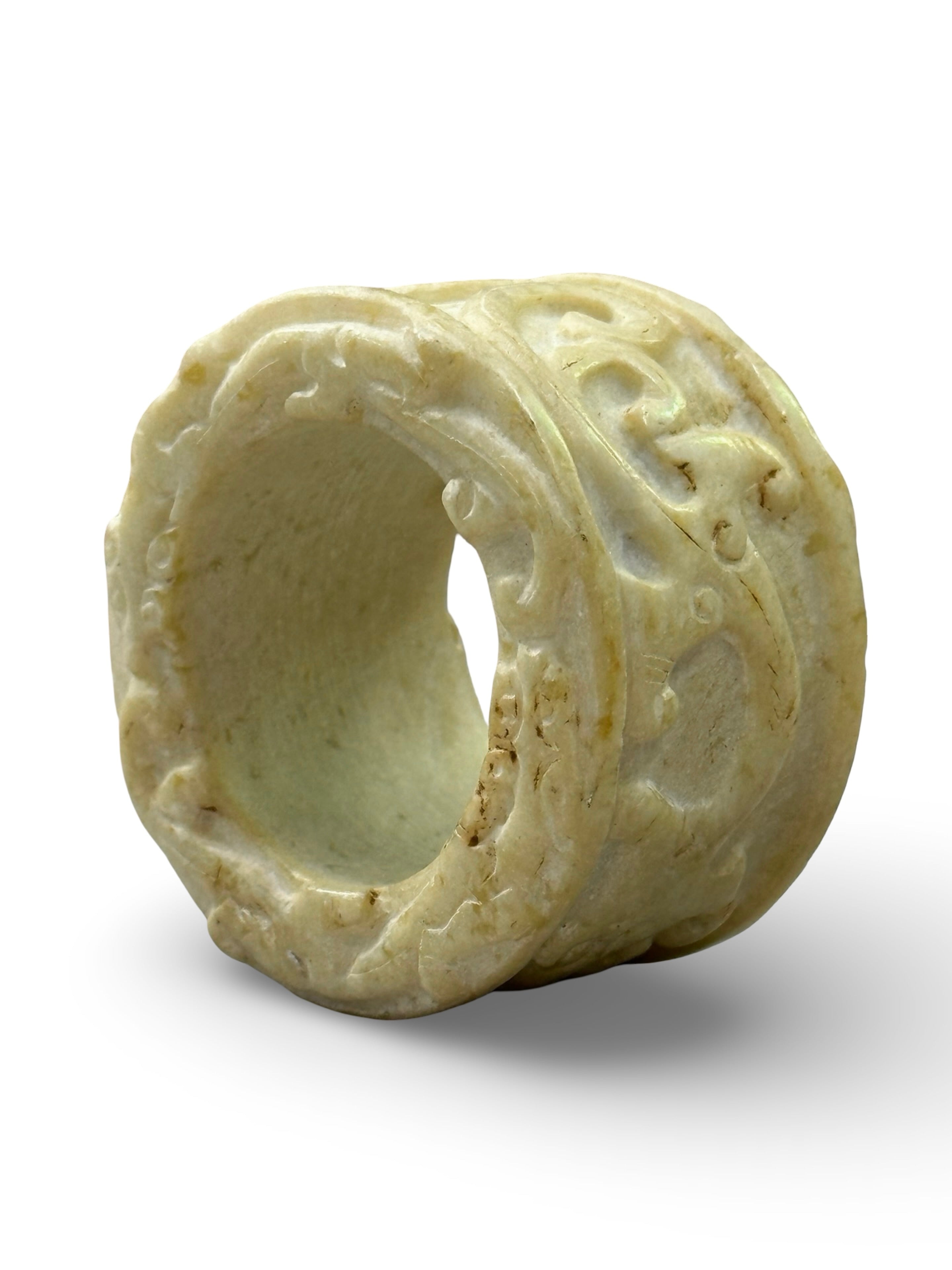 Archaistic Chinese Hand-Carved Stone Cylinder Ring - White Serpentine with Relief Carvings - Scholarly Gift