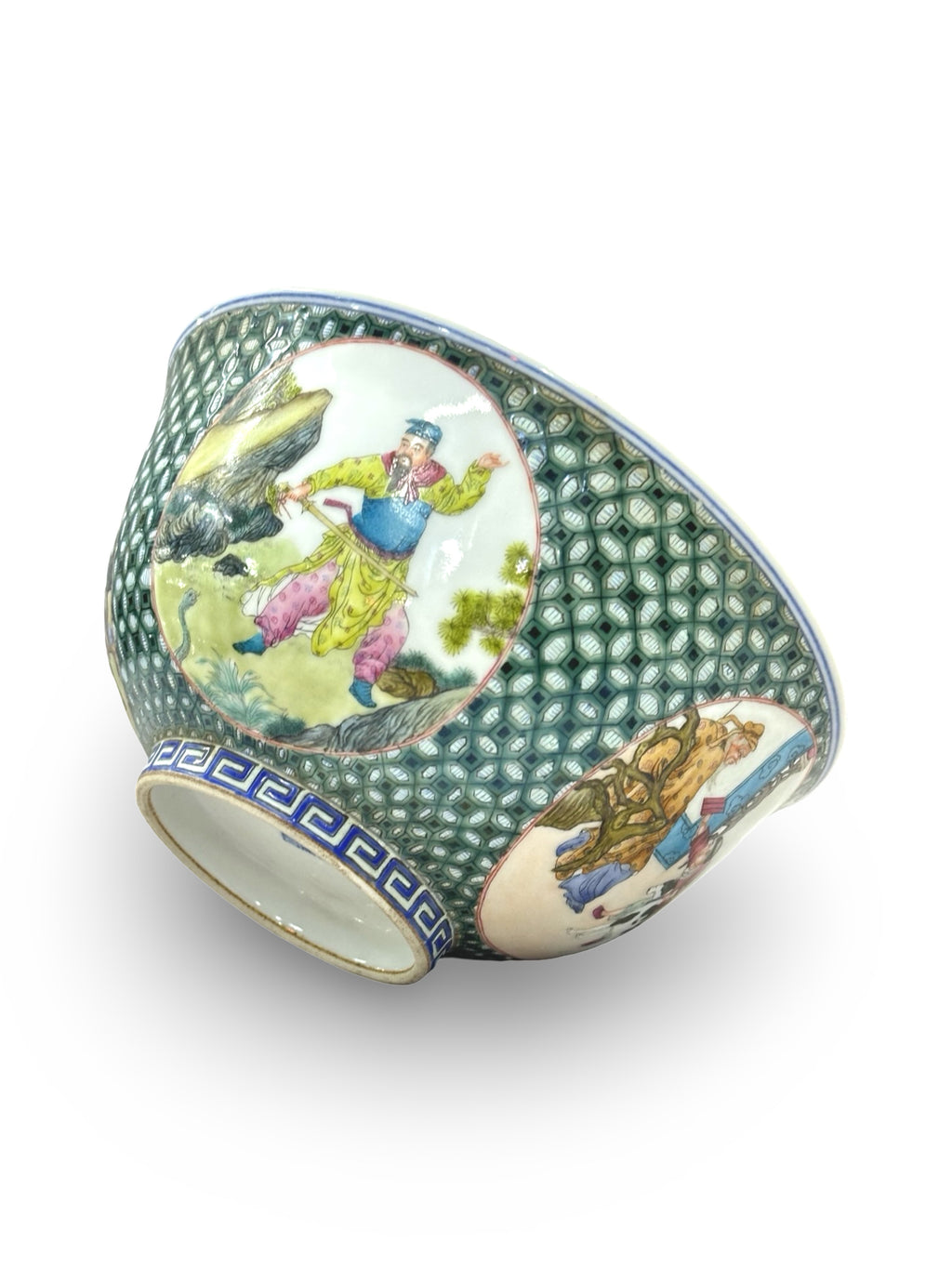 20th-Century Chinese Porcelain Figure & Zodiac Medallion Bowl – Green Honeycomb Enamel