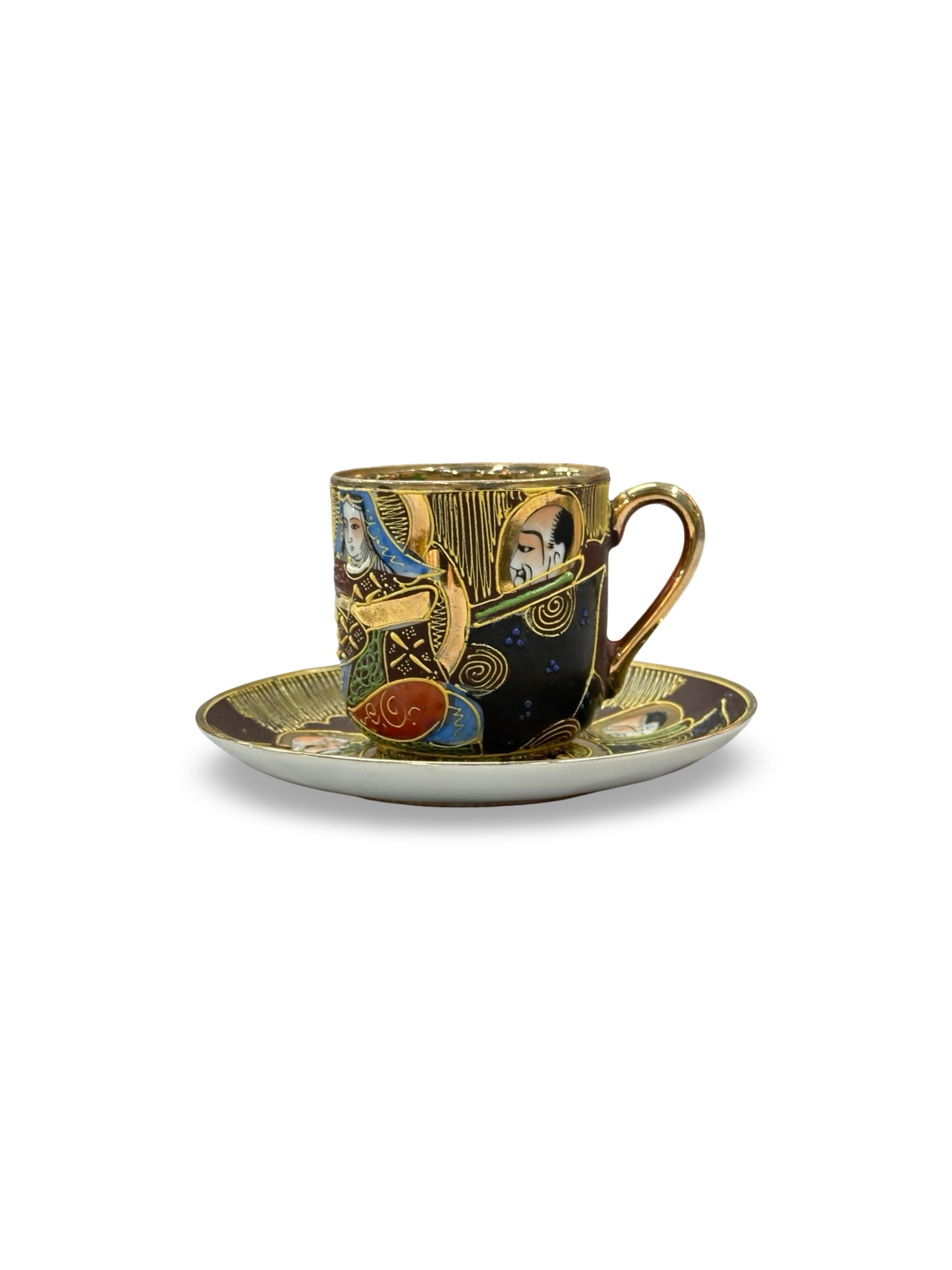 Vintage Japanese Samurai China Tea Cup and Saucer - Moriage Immortals Pattern - Hand-Painted Satsuma Style