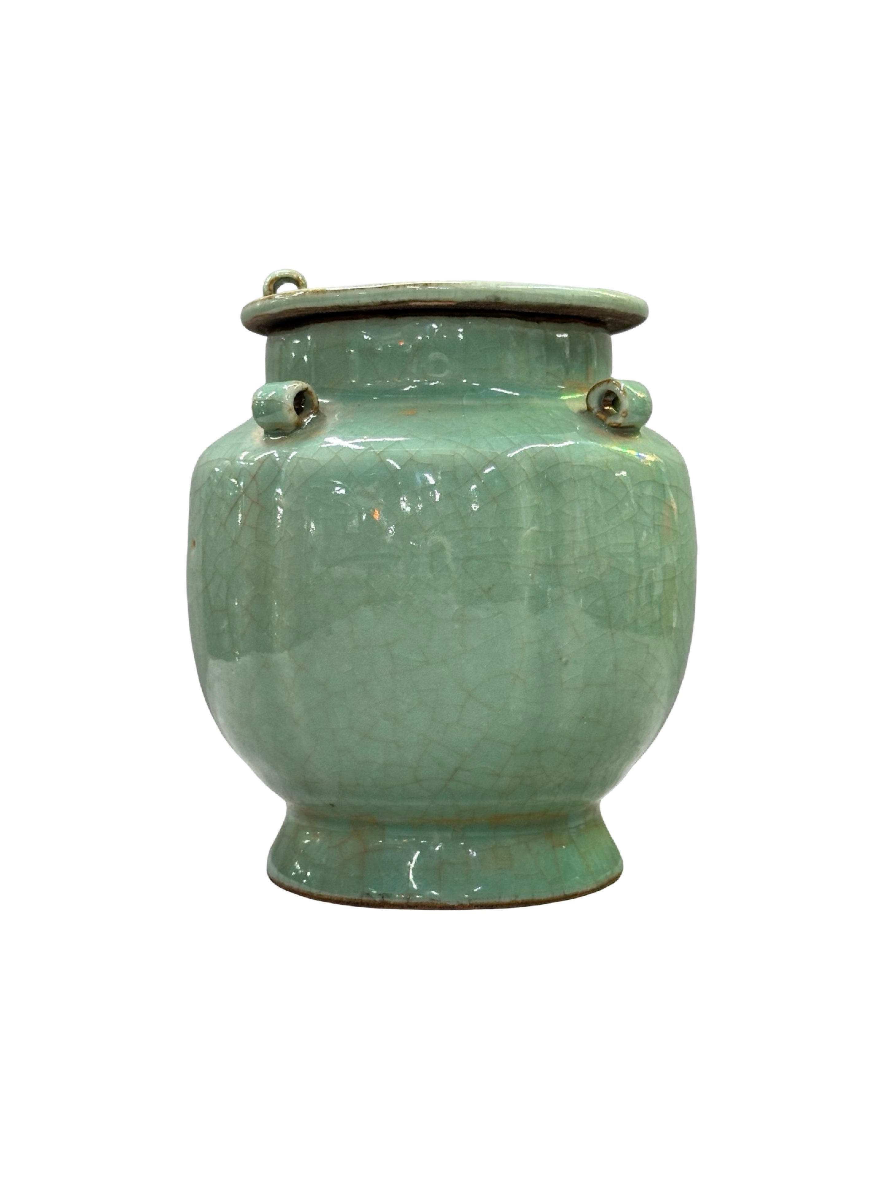 Vintage 20th Century Longquan-Style Celadon Jar with Lid – Lobed Crackle Glaze