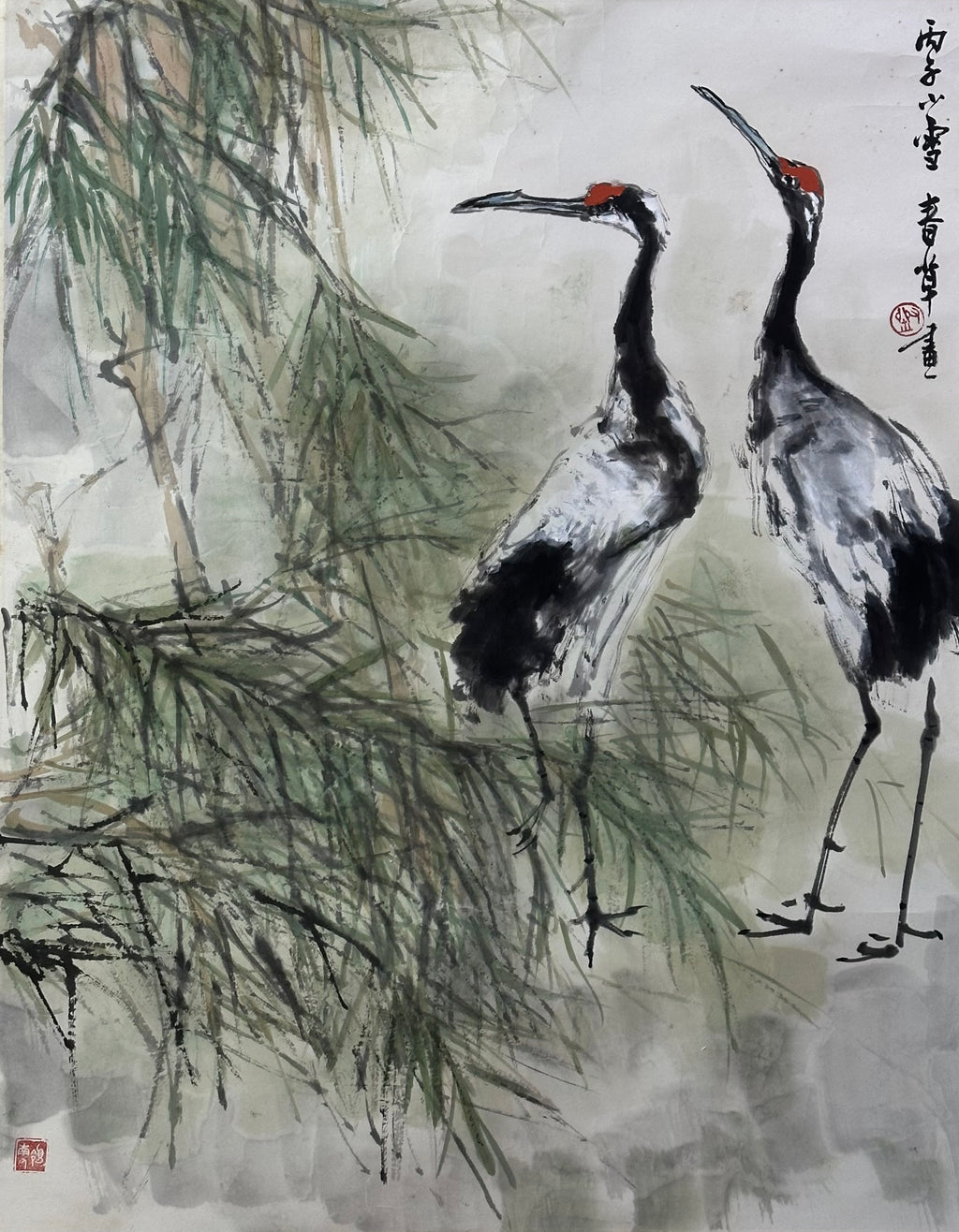 Liu chuncao 刘春草 1996 Signed Chinese Ink Painting (Bingzi Year) – Hand-Painted Red-Crowned Cranes
