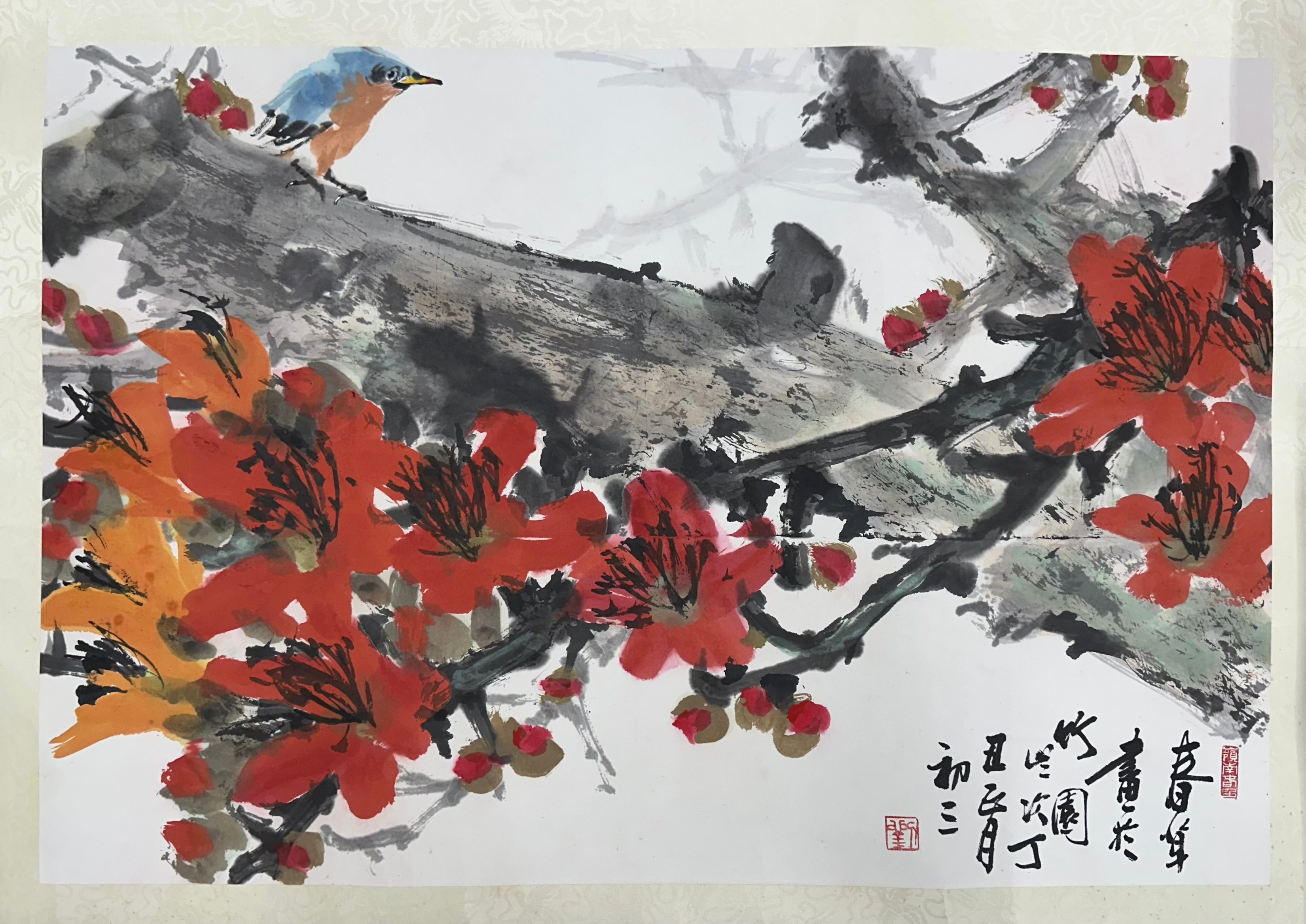劉春草 Liu Chuncao: "Spring Bird and Silk Cotton Blossoms" – Original Lingnan School Ink & Wash Painting