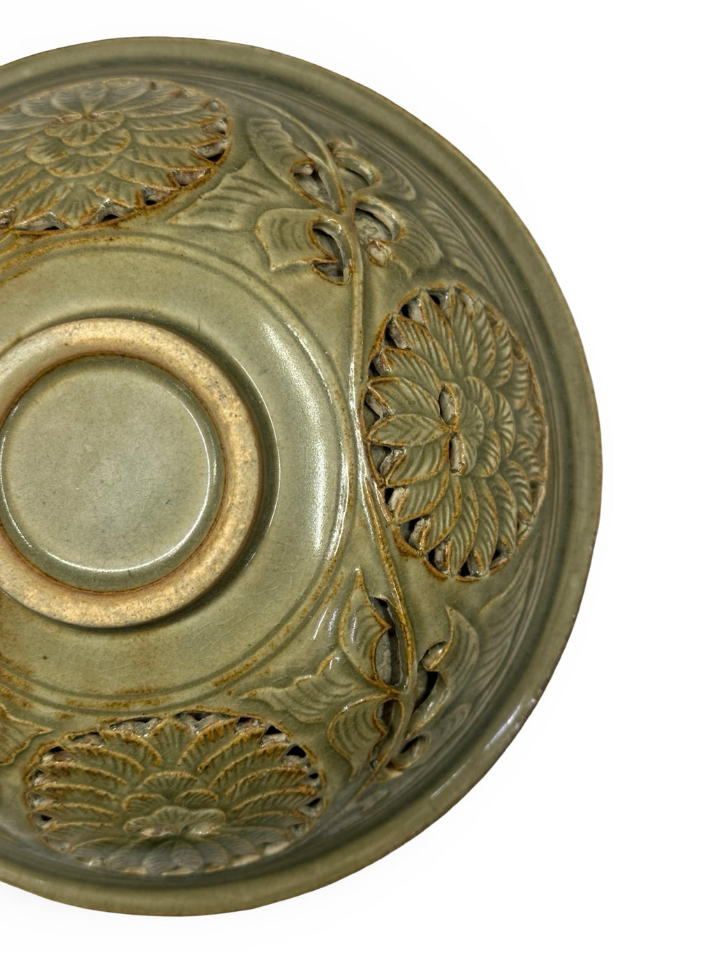 Antique Style Double-Walled Yaozhou Celadon Bowl - Hand-Carved Openwork Peony Design