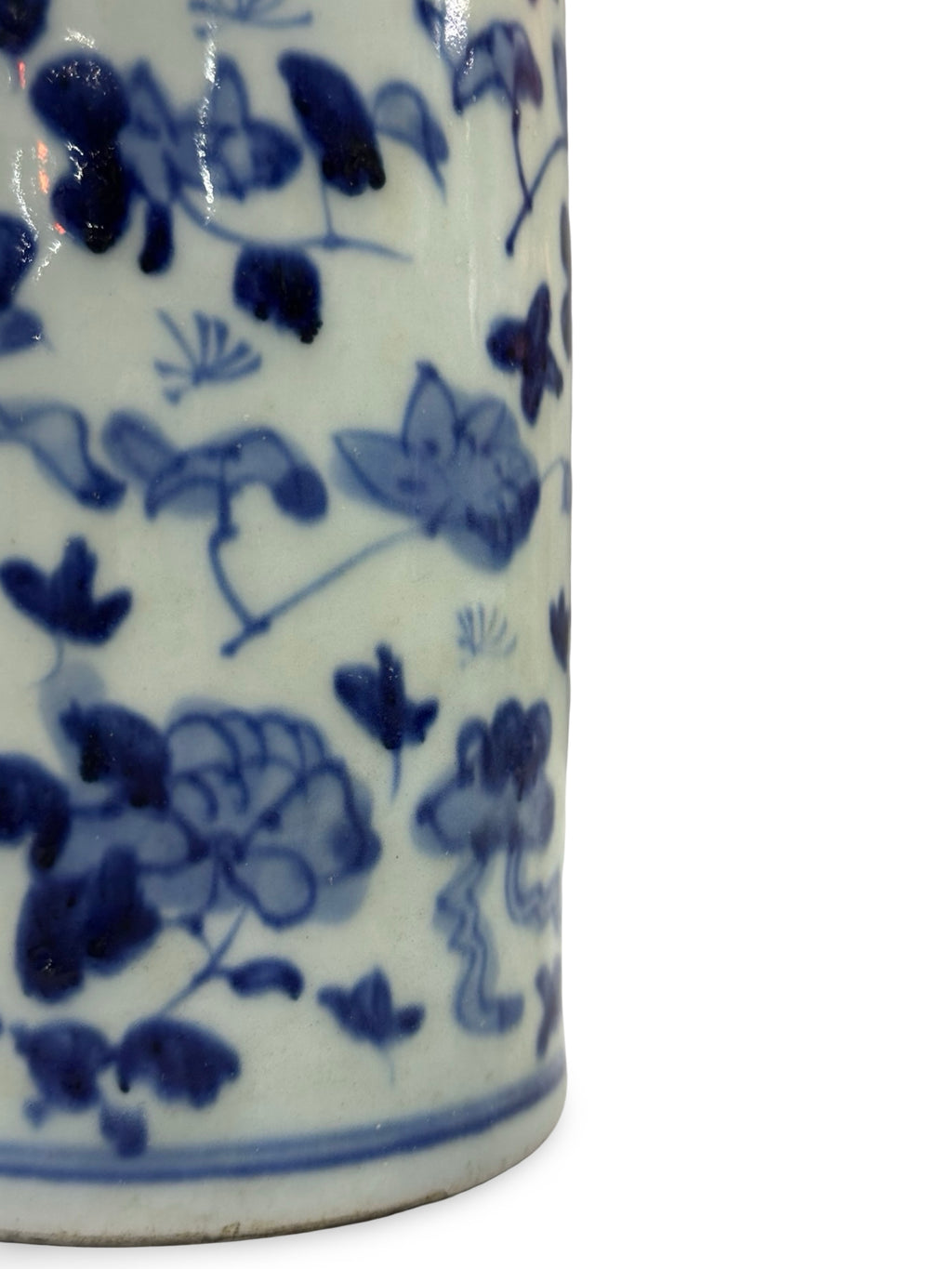 20th-Century Antique Chinese Blue & White Porcelain Cylindrical Hat Stand Vase - Floral Prunus Motif